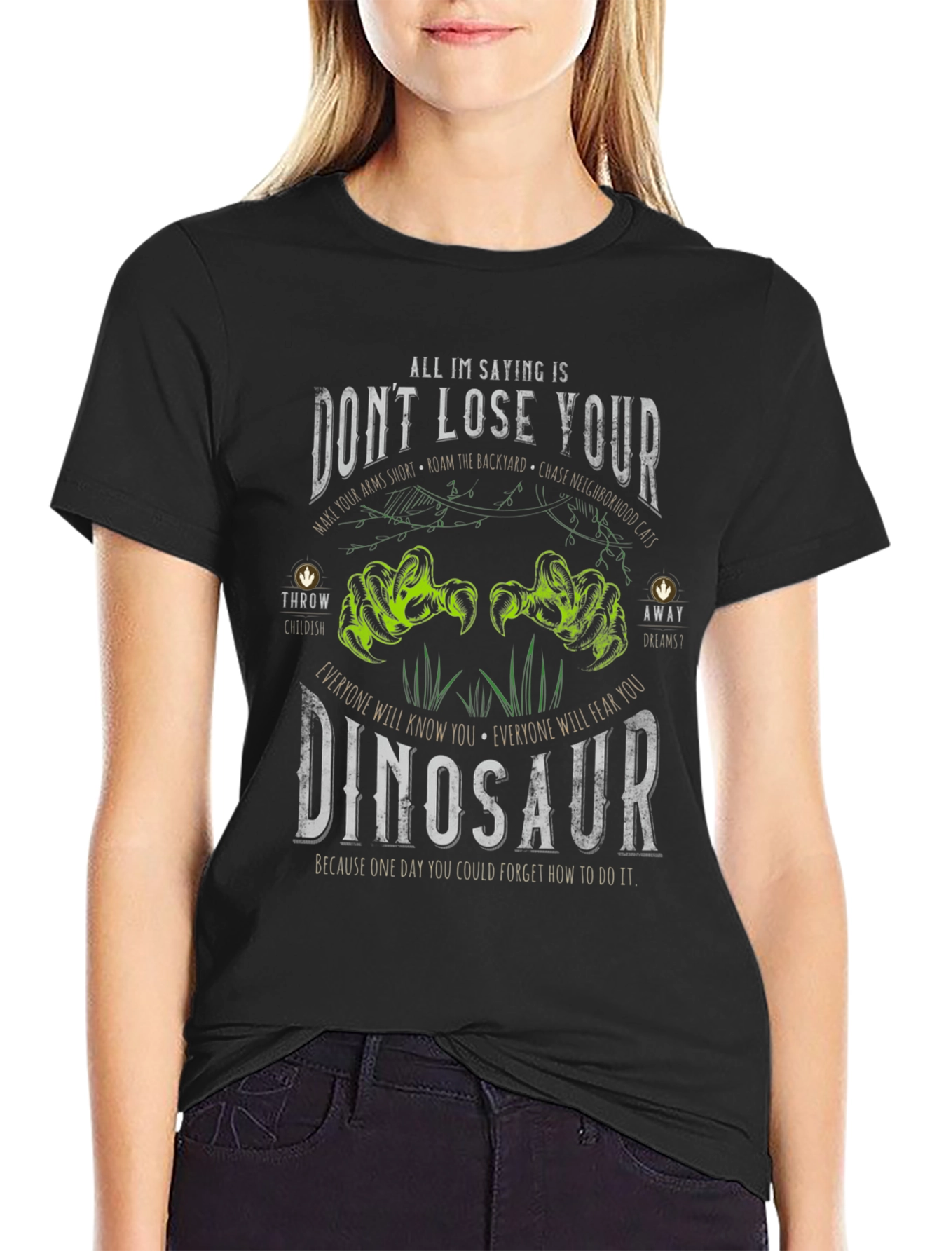 Black Don't Lose Your Dinosaur Graphic Tee - Black Cotton T-Shirt view 2