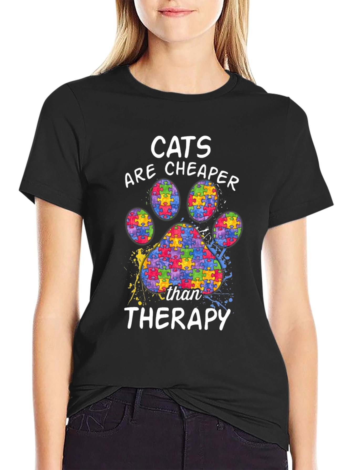 Black Cats are Cheaper Therapy Autism Awareness Puzzle Paw Print T-Shirt view 2