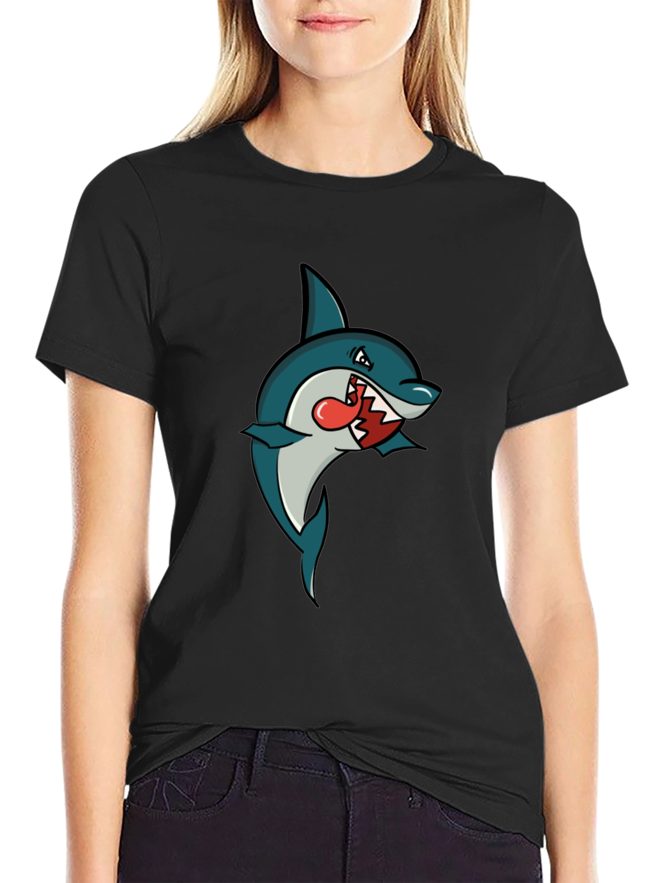 Black Shark Cartoon Graphic Tee - Men's Black T-Shirt view 2