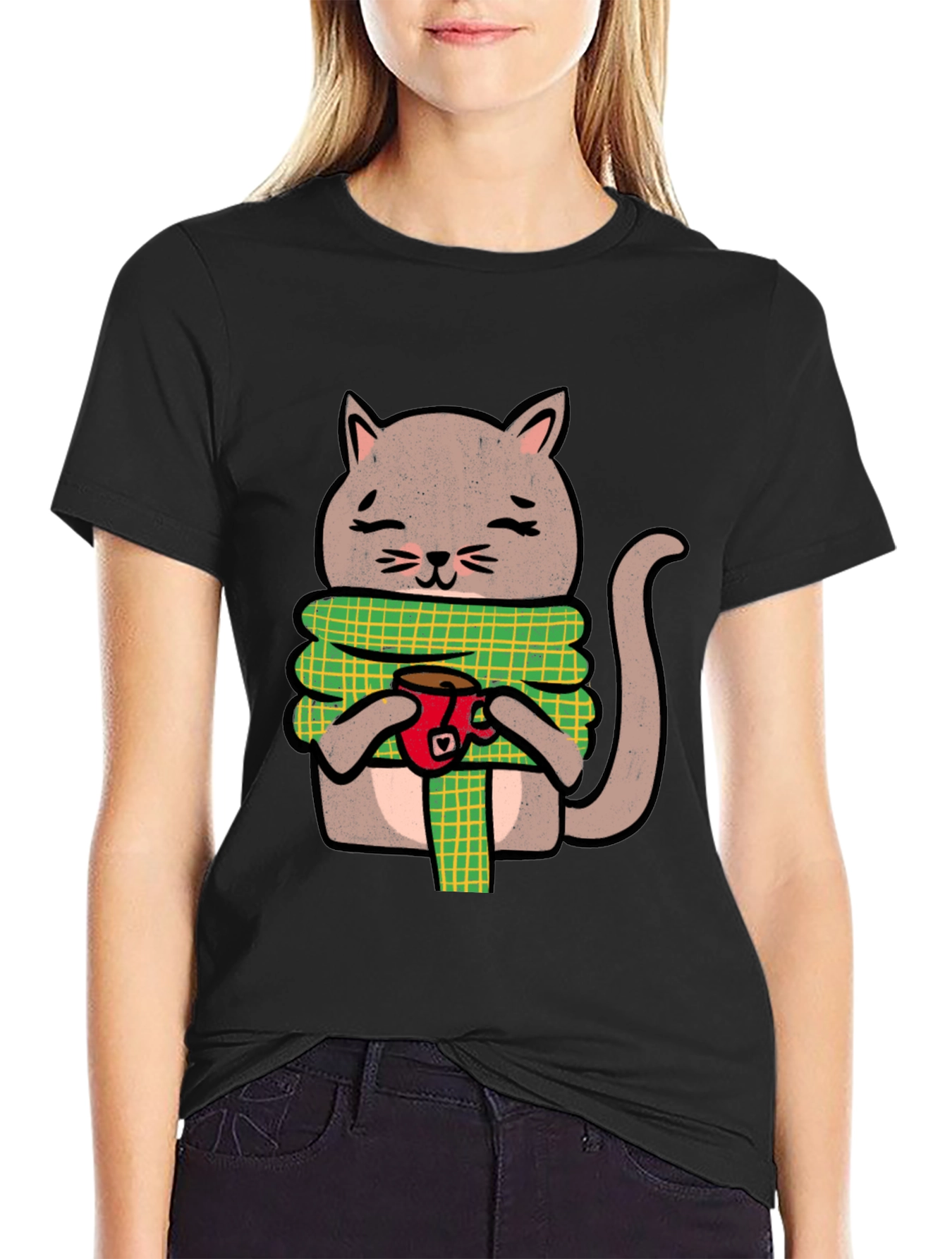 Black Cozy Cat Coffee T-Shirt - Cute Cartoon Tee view 2