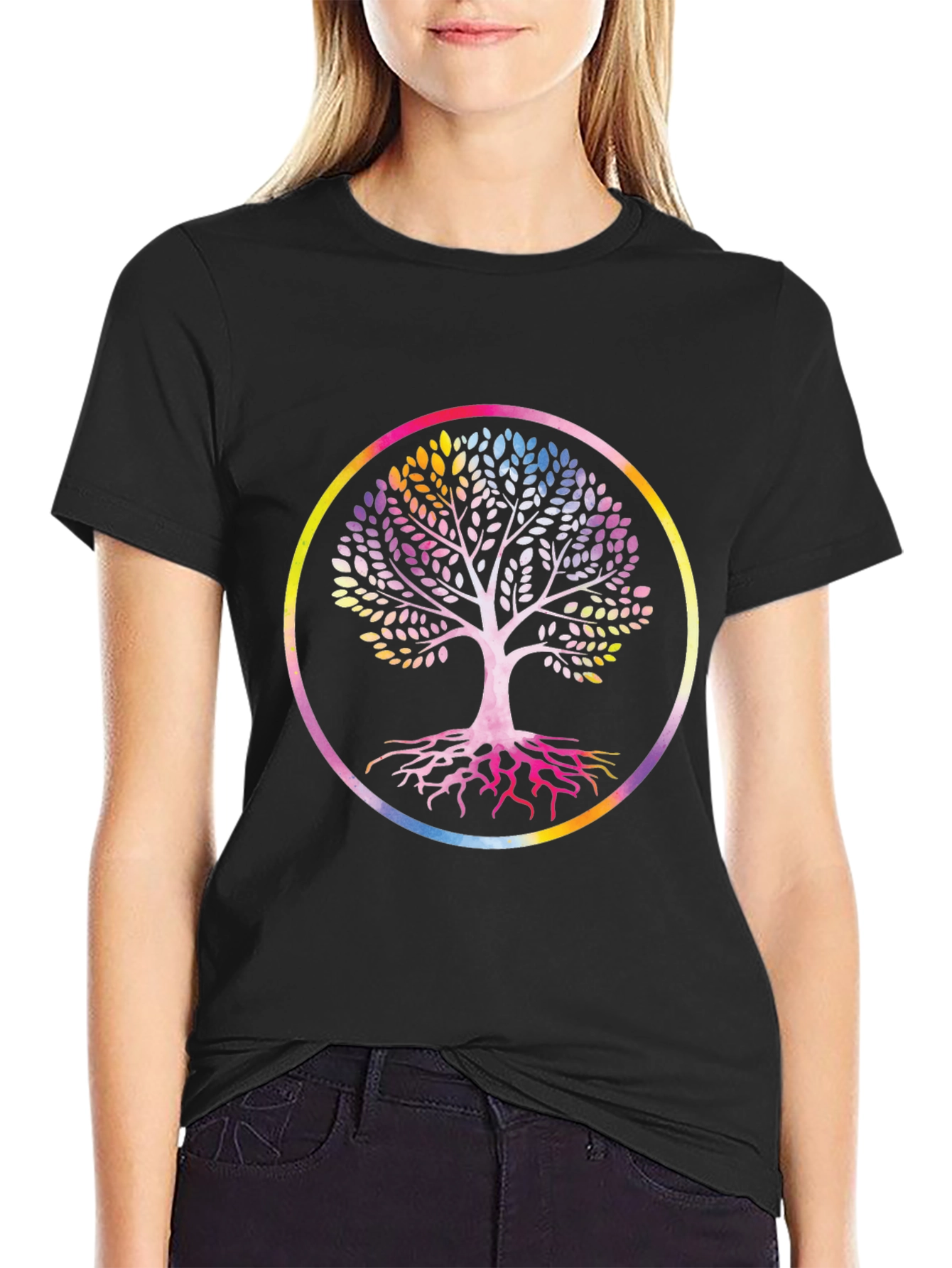 Black Rainbow Tree of Life Black Graphic Tee view 2