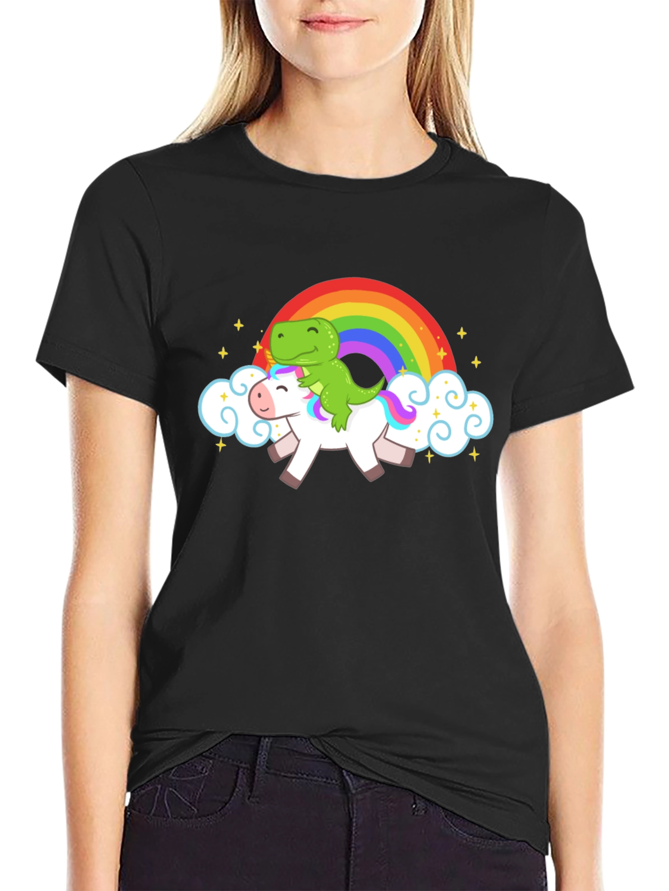 Black Dinosaur Unicorn Rainbow T-Shirt view 2