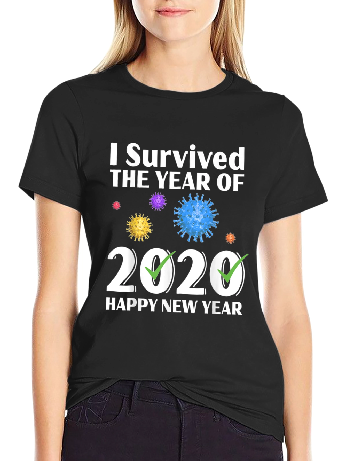 Black I Survived 2020 Happy New Year T-Shirt view 2