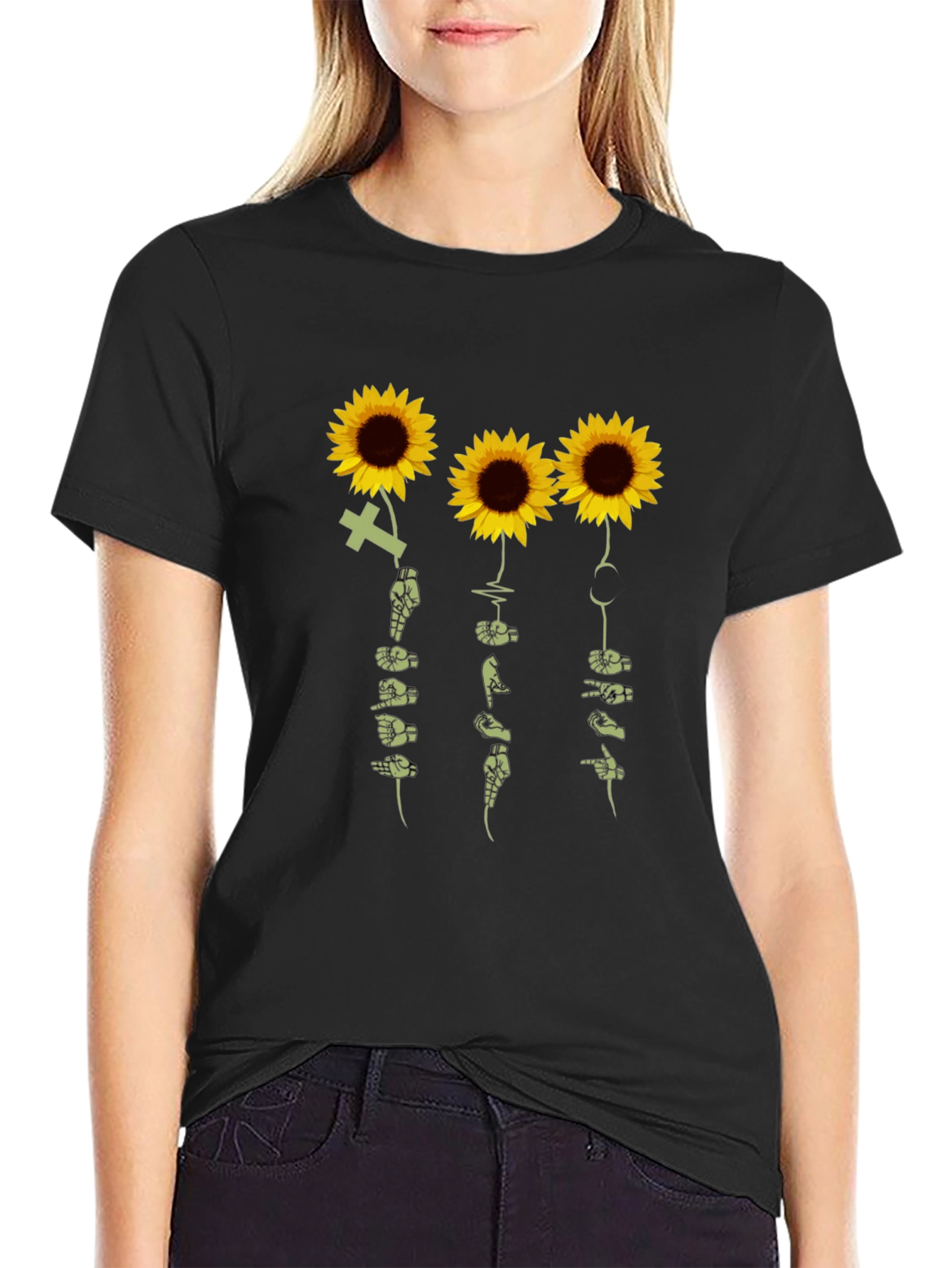 Black Sunflower Sign Language T-Shirt - Black view 2