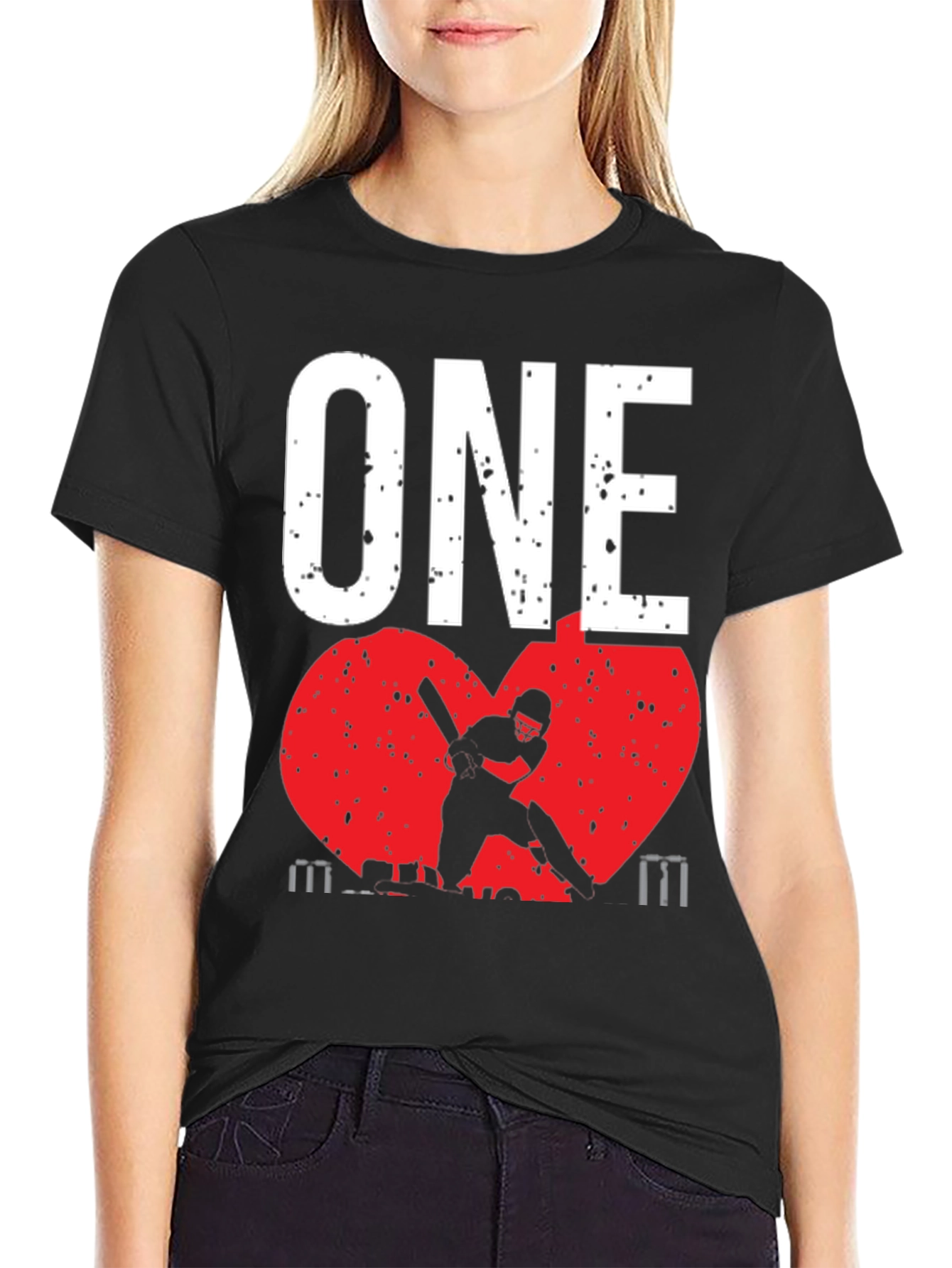 Black ONE Cricket Fan T-Shirt - Red Heart Design view 2
