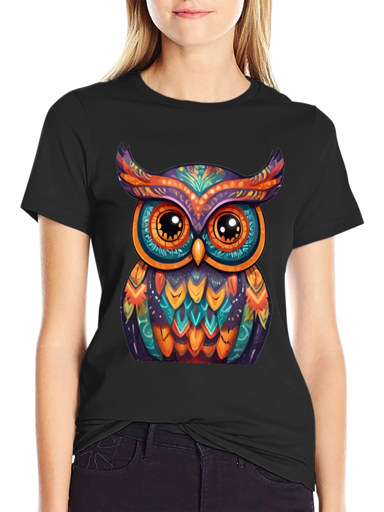 Black Colorful Owl Graphic Tee - Unique Artistic Design view 2