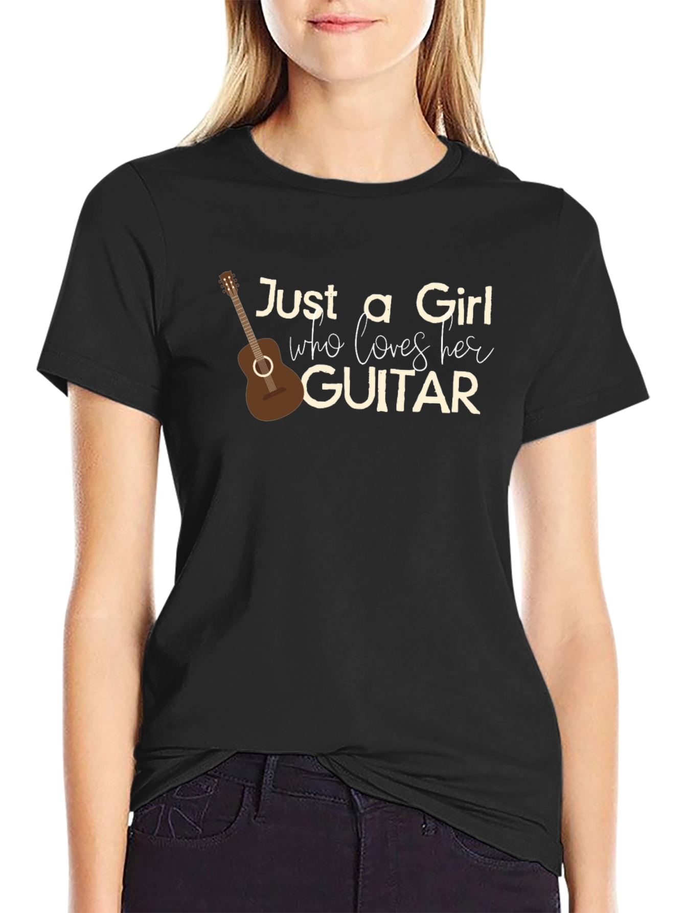 Black Just a Girl Who Loves Her Guitar Graphic T-Shirt view 2