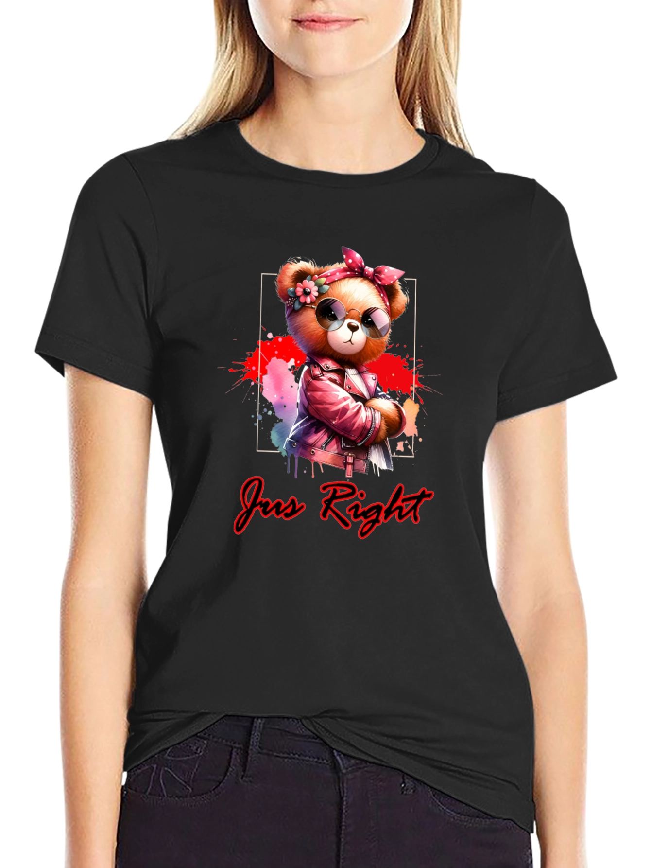 Black Trendy Teddy Bear Graphic Tee - "Jus Right" Black T-Shirt view 2