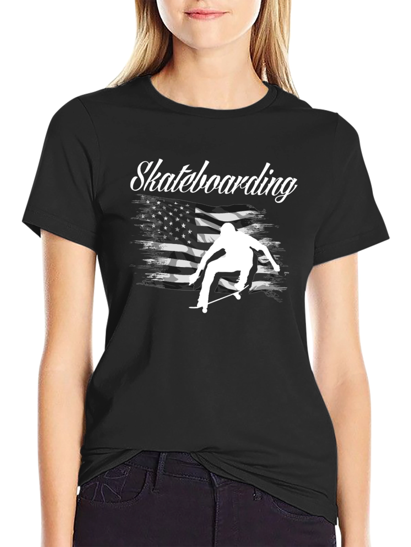 Black Skateboarding USA Flag Graphic T-Shirt view 2
