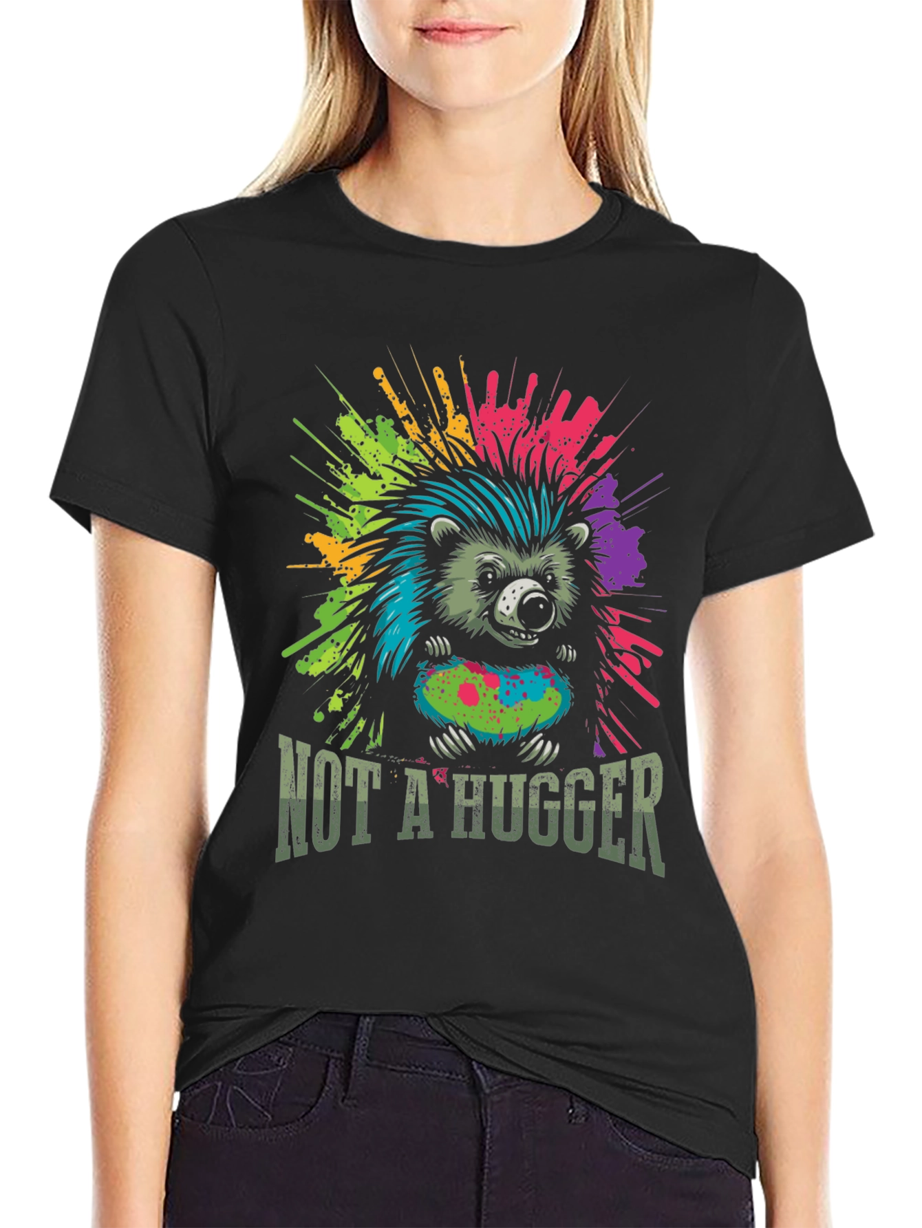 Black Not A Hugger Hedgehog Graphic Tee view 2