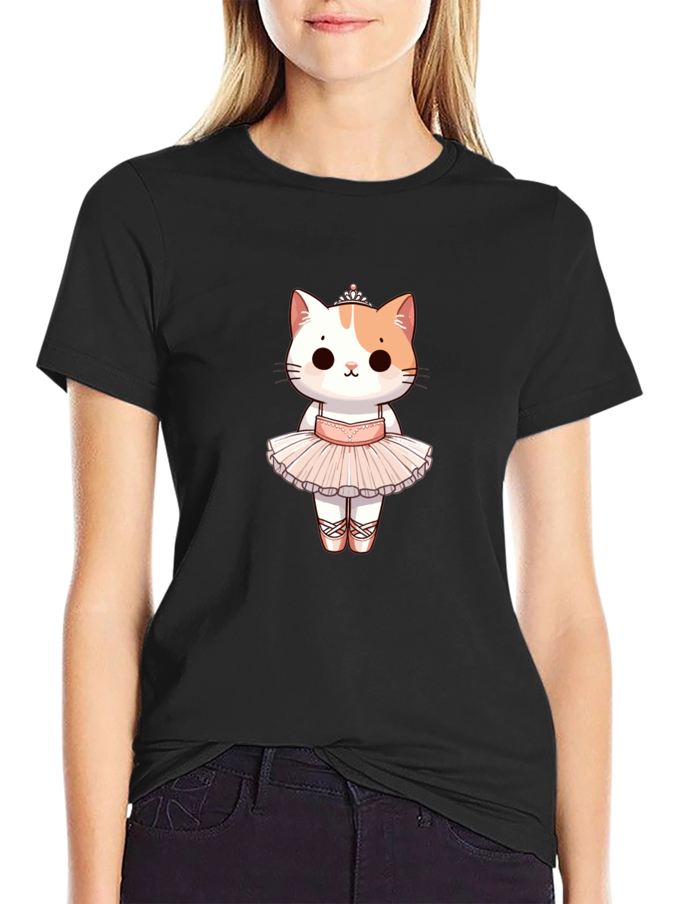 Black Cute Ballerina Cat Graphic Tee view 2