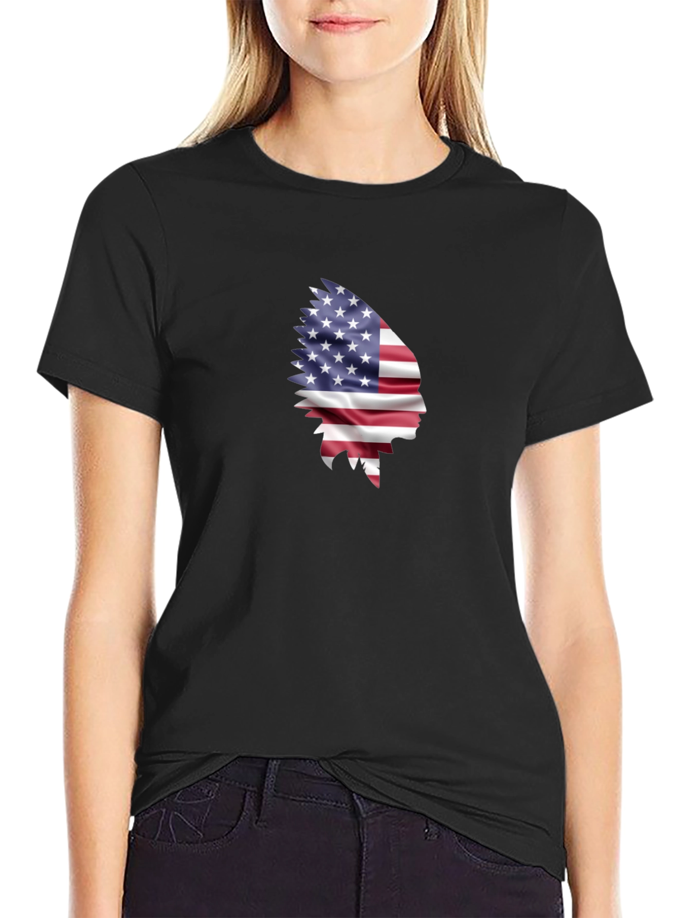 Black American Flag Indian Chief Graphic Tee view 2