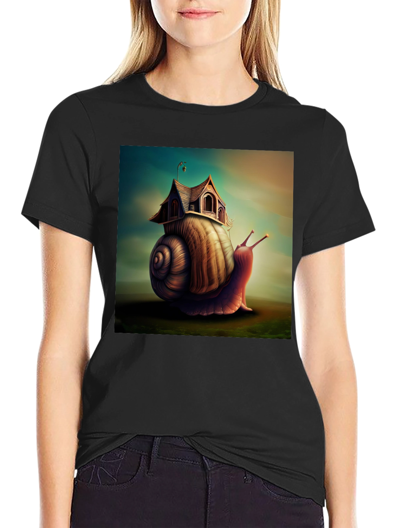 Black Whimsical Snail House Tee view 2