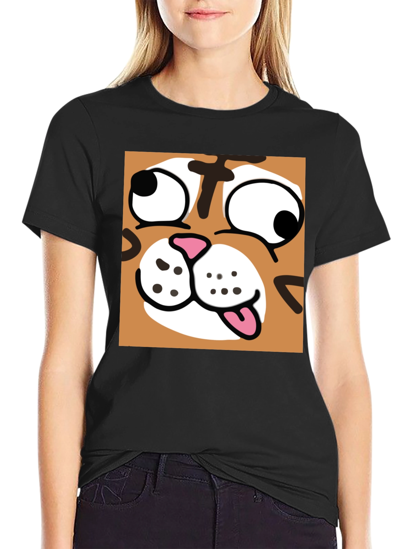 Black Funny Cartoon Cat Graphic Black T-Shirt view 2