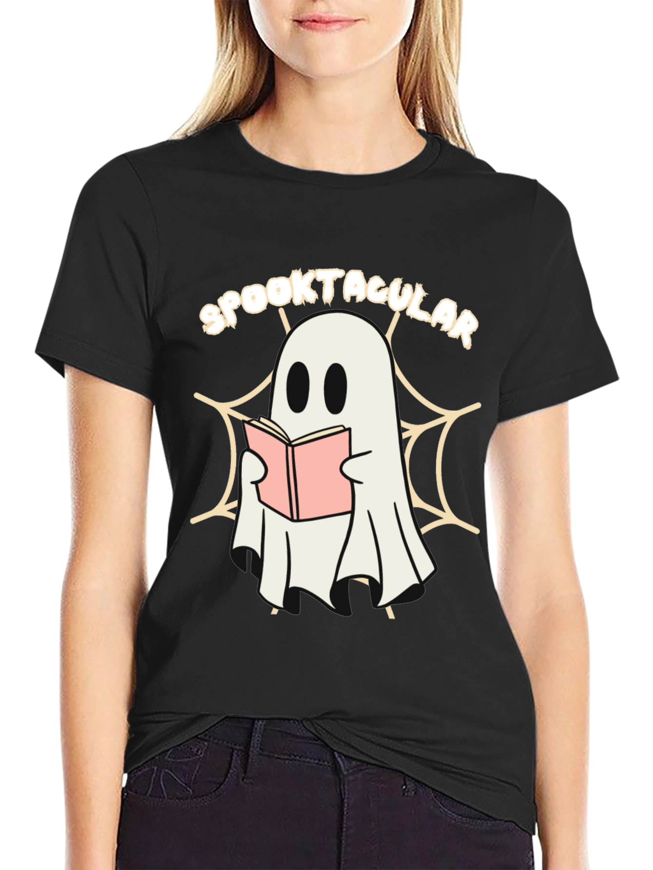 Black Spooktacular Ghost Reading Book T-Shirt view 2