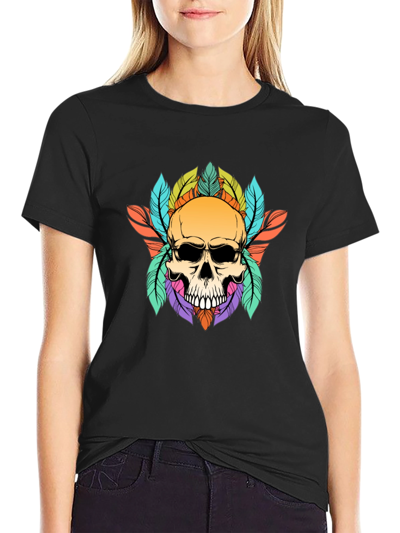 Black Skull & Feathers Graphic Black T-Shirt view 2