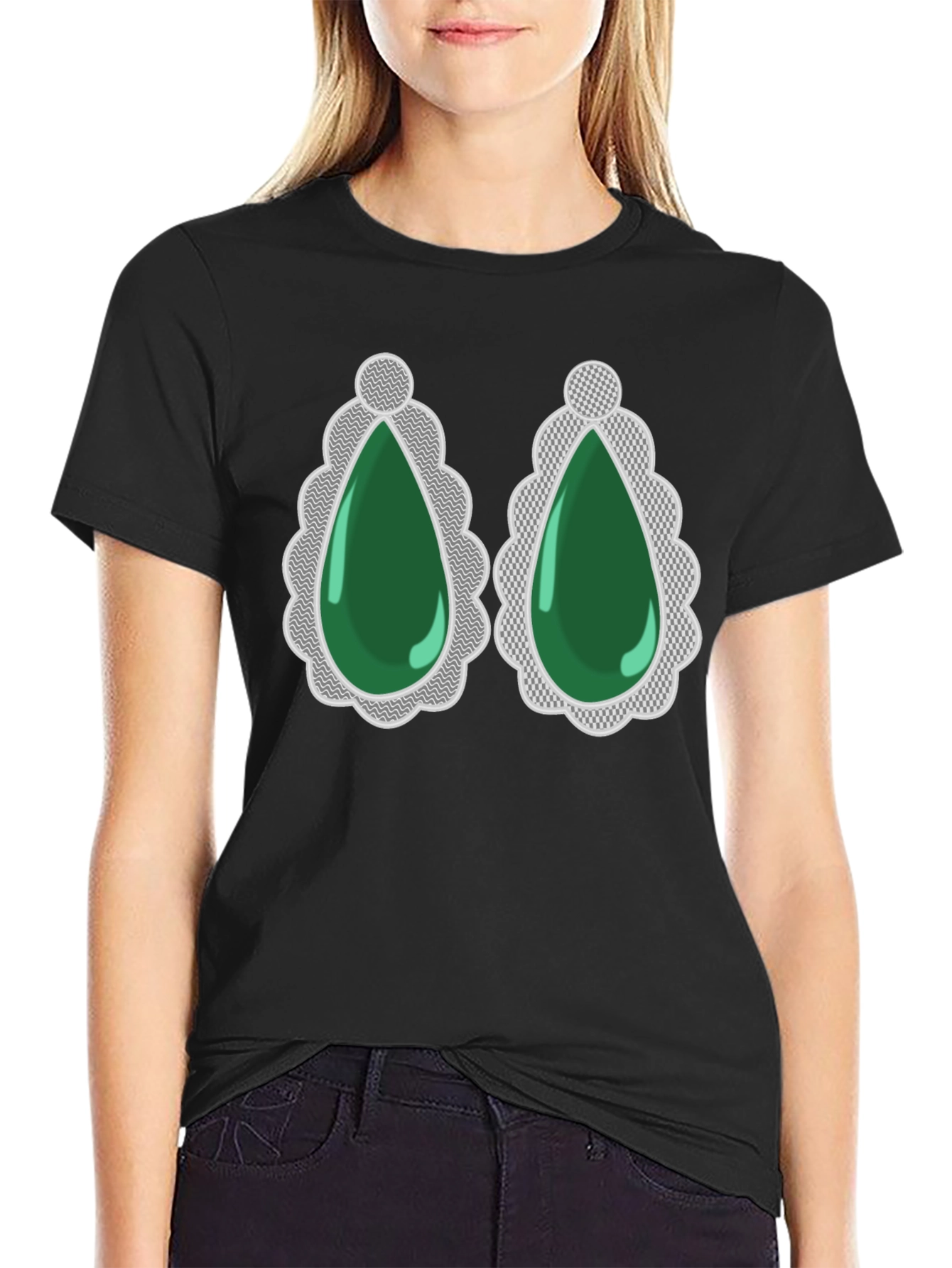 Black Emerald Gemstone Drop Earrings Graphic Tee view 2