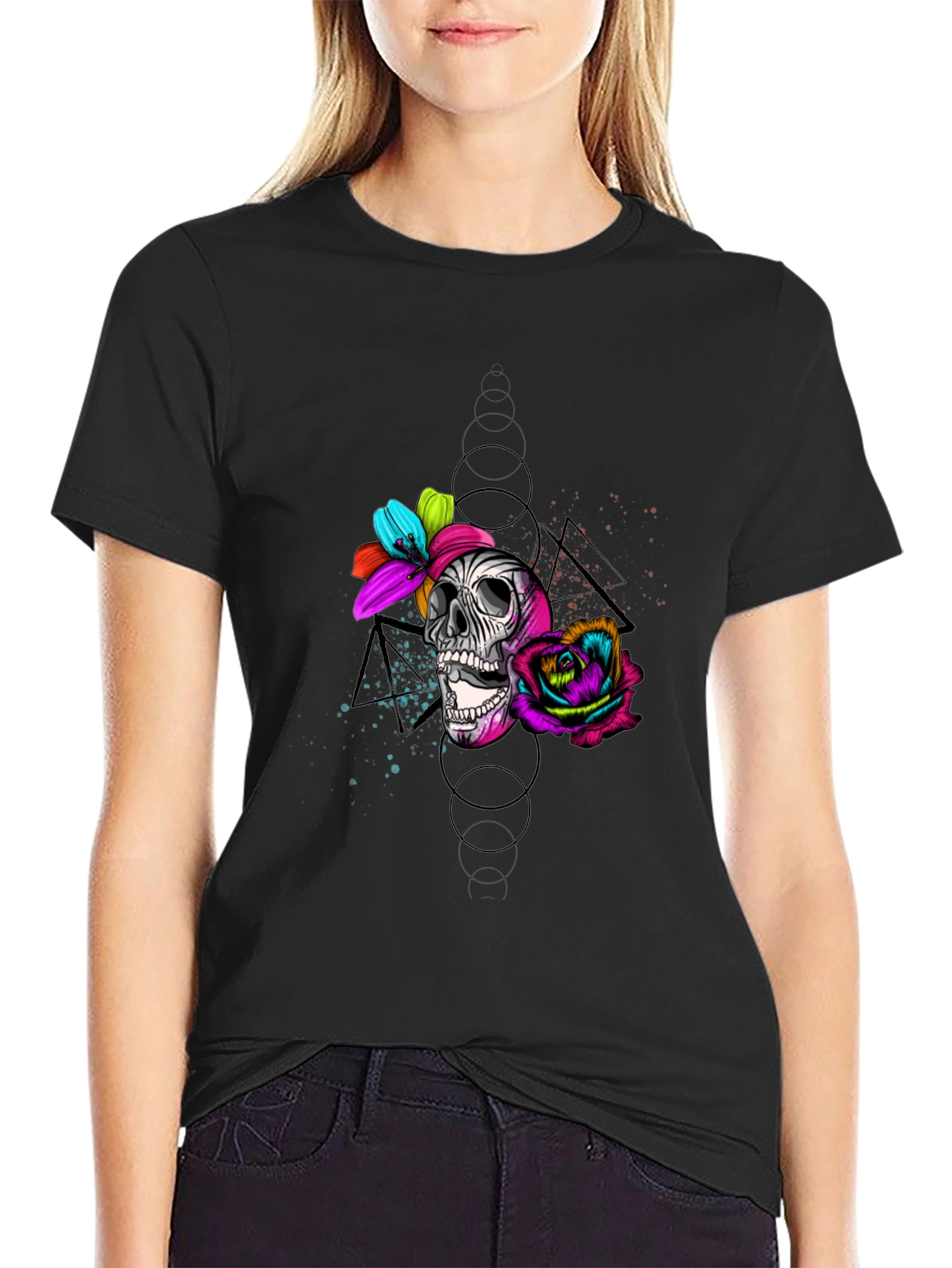 Black Skull & Roses Graphic Tee - Edgy Style view 2