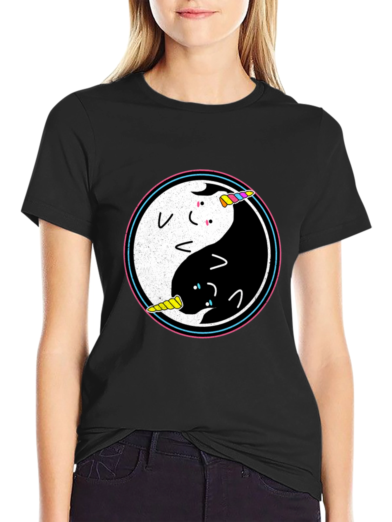 Black Yin Yang Unicorn T-Shirt view 2