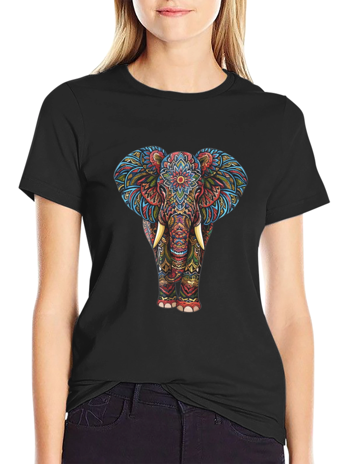Black Elephant Mandala Graphic Tee - Black view 2