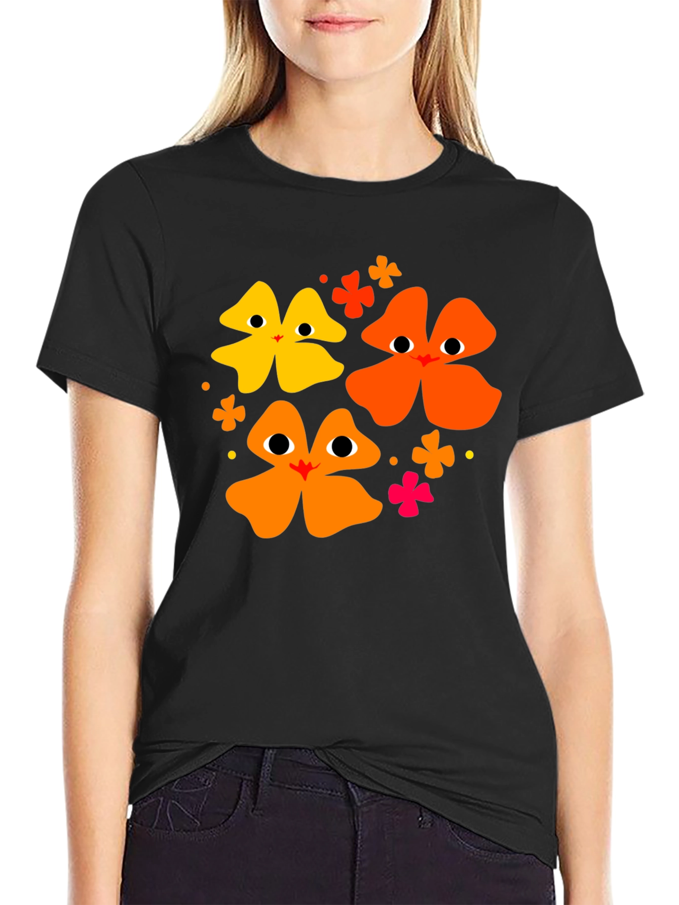 Black Floral Face Black T-Shirt view 2