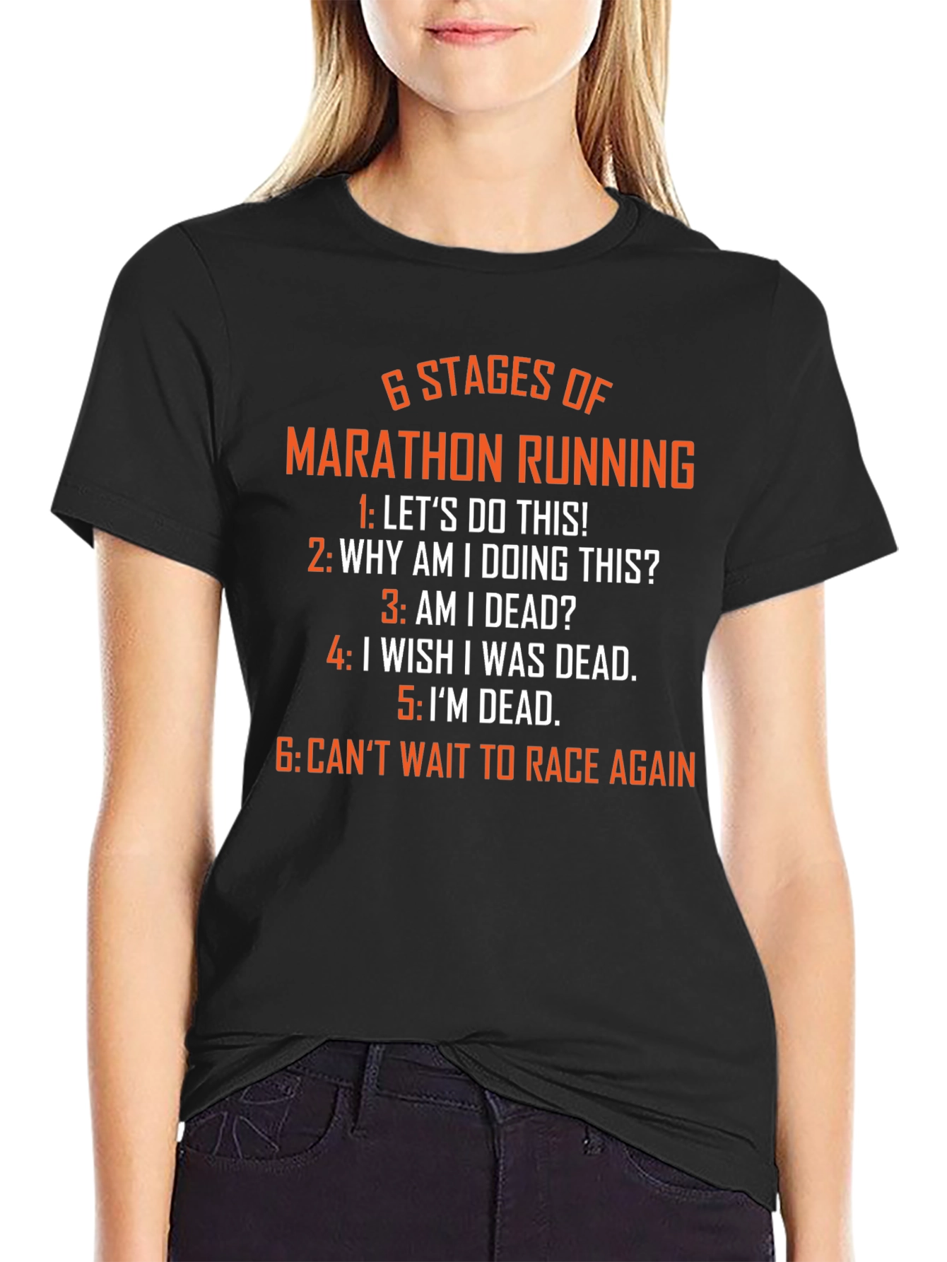 Black 6 Stages of Marathon Running T-Shirt - Funny Runner Tee view 2