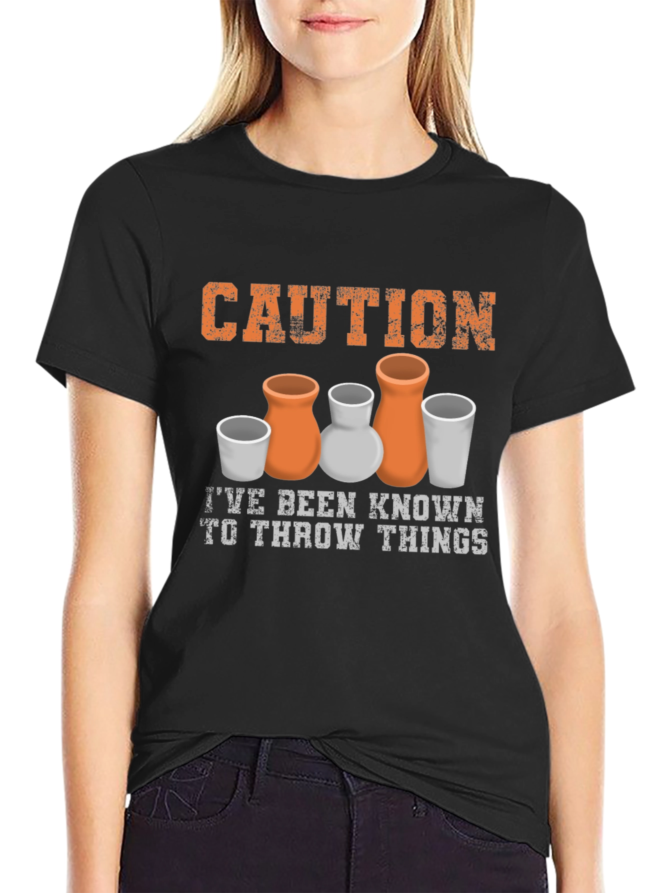 Black Caution I Throw Things Pottery T-Shirt view 2