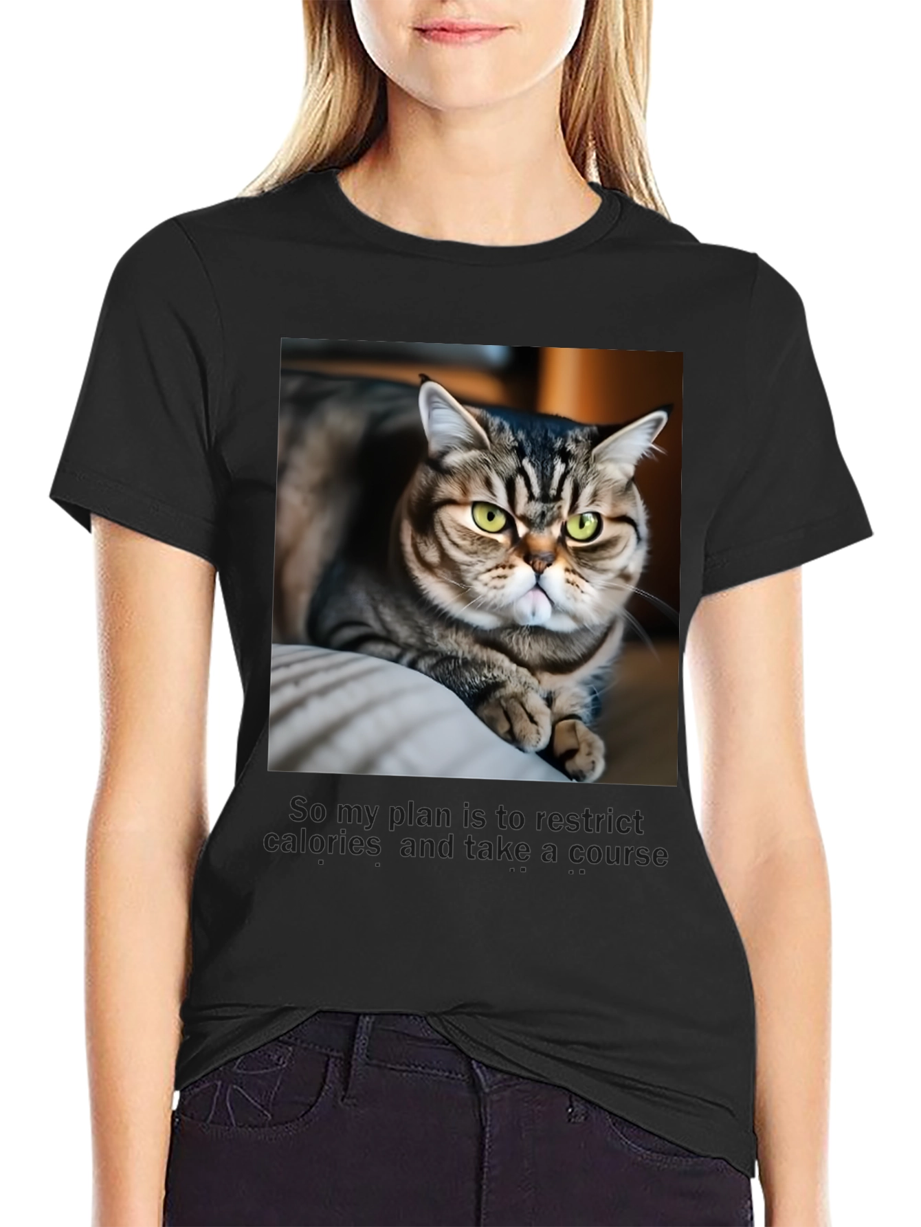 Black Funny Cat Graphic T-Shirt - Unisex Black Tee view 2