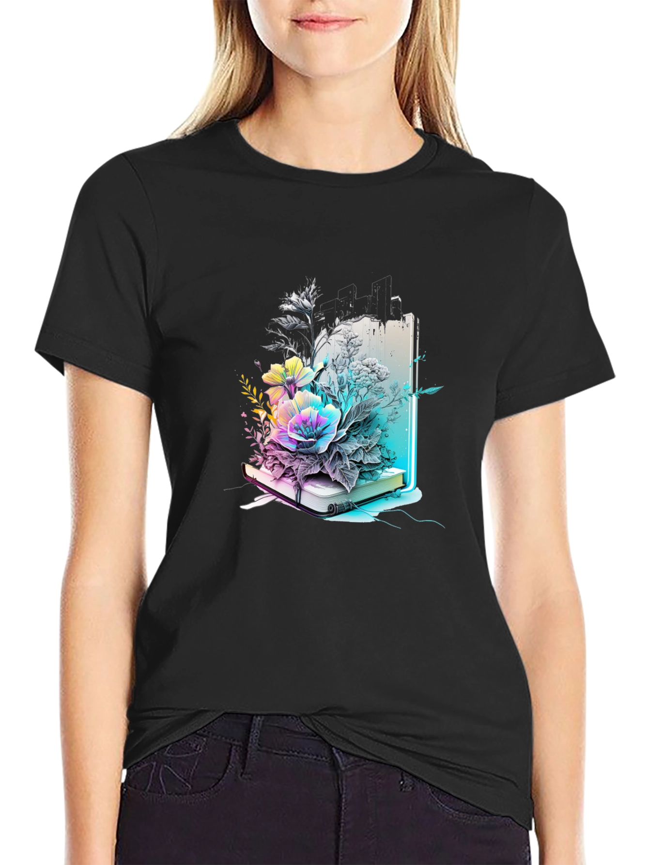 Black Floral Bookworm Tee - Artistic Graphic T-Shirt view 2