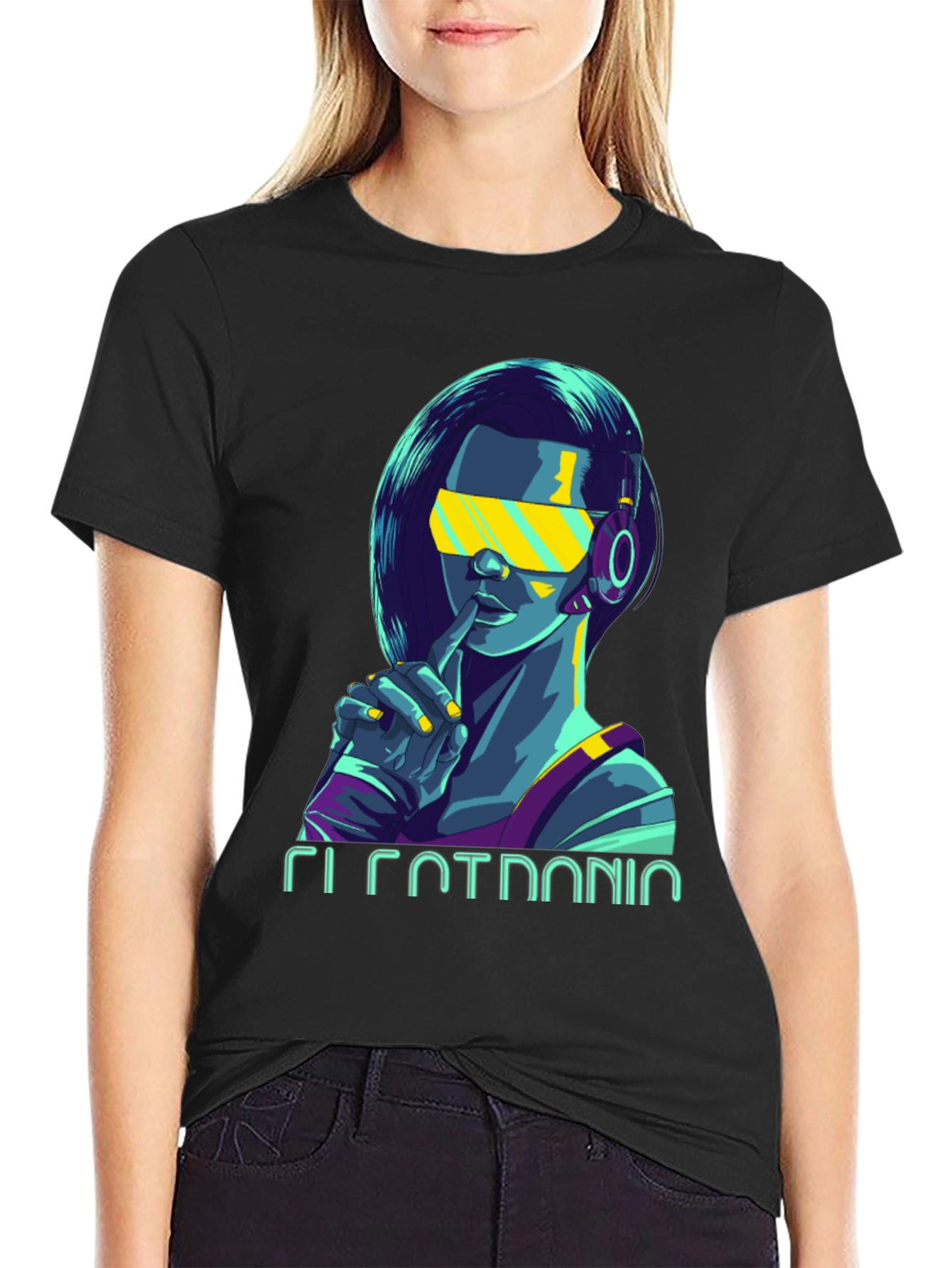 Black Cyberpunk Girl Graphic Tee - Stylish Black Cotton T-Shirt view 2
