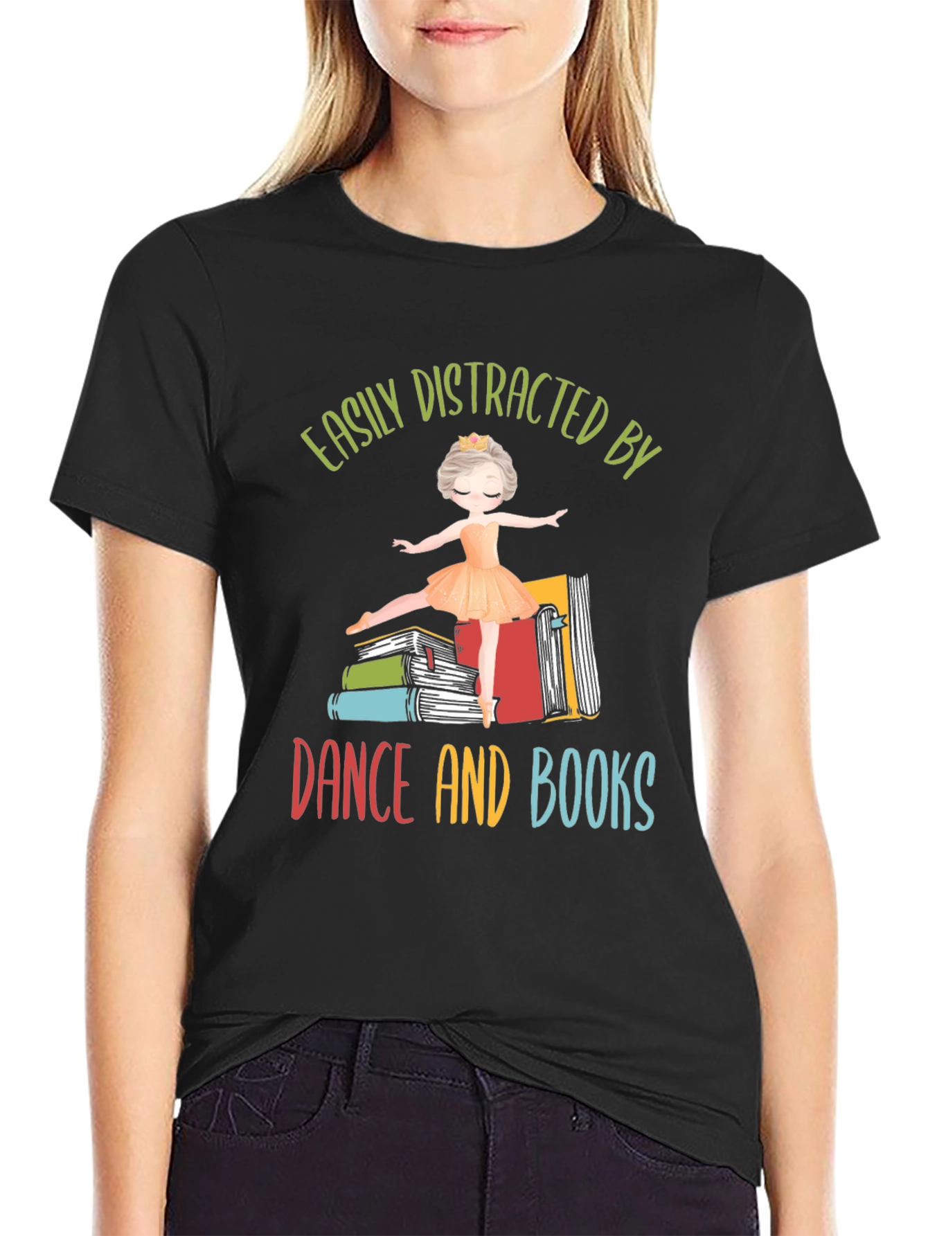 Black Easily Distracted By Dance and Books T-Shirt view 2