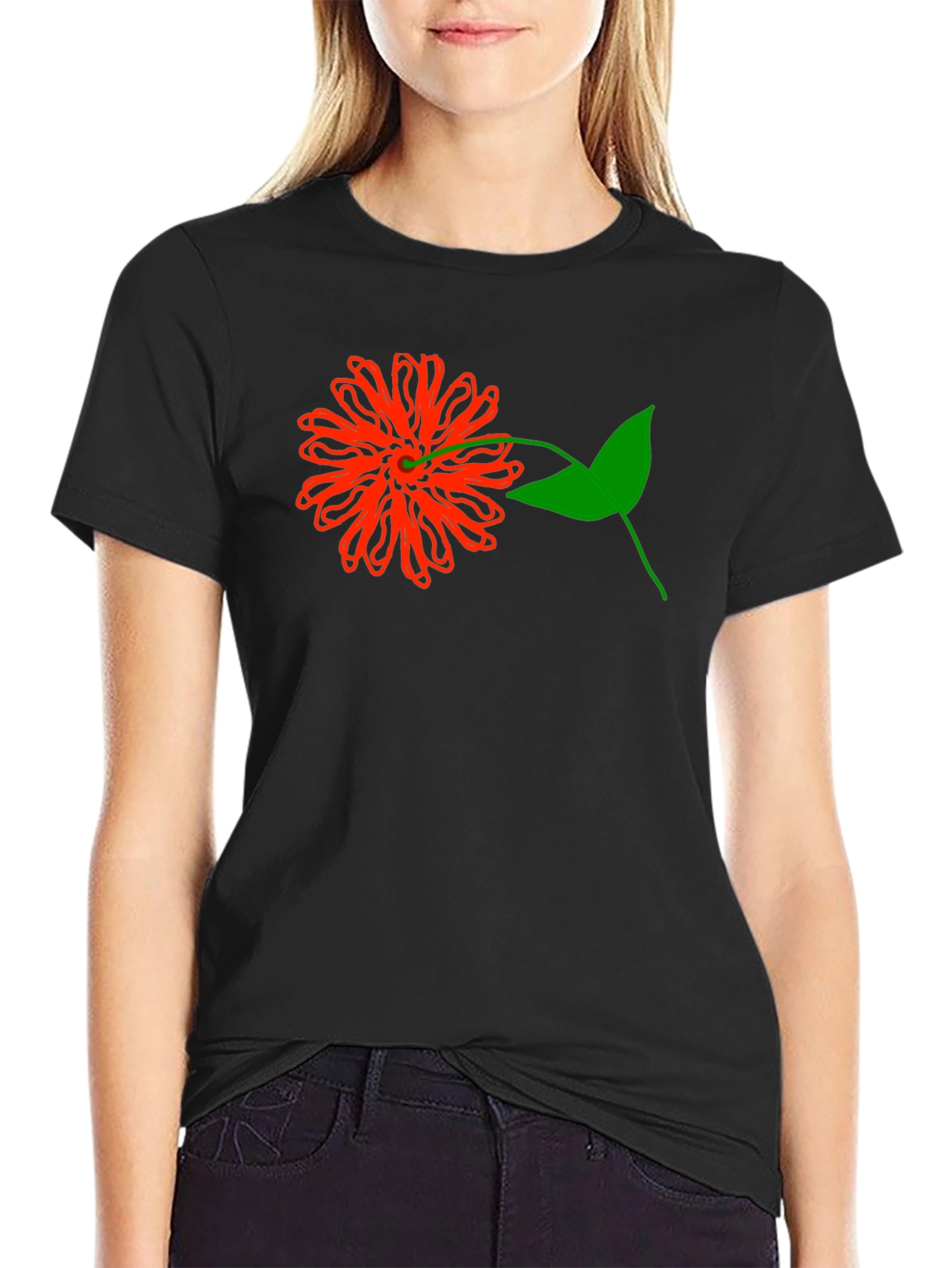 Black Red Flower Graphic Tee - Black Cotton T-Shirt view 2