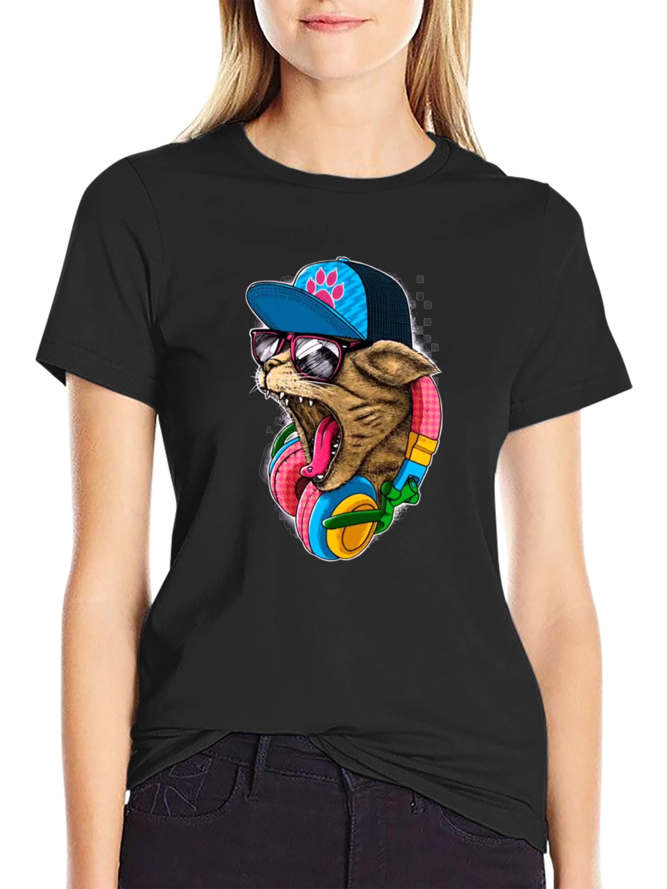 Black Cool Cat T-Shirt: Cat Wearing Headphones & Cap view 2