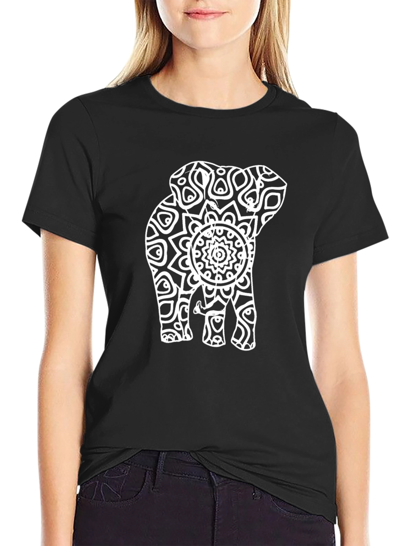 Black Elephant Mandala Graphic Black T-Shirt view 2