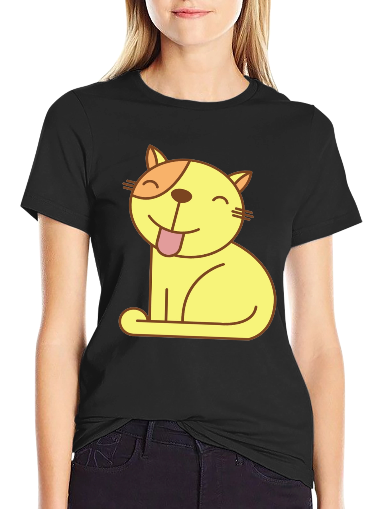 Black Cute Cartoon Cat Black T-Shirt view 2