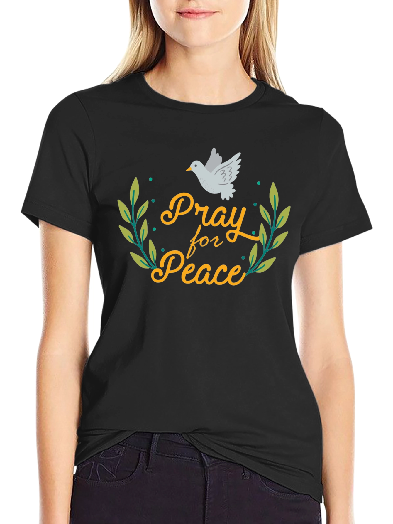Black Pray for Peace Dove T-Shirt - Black view 2