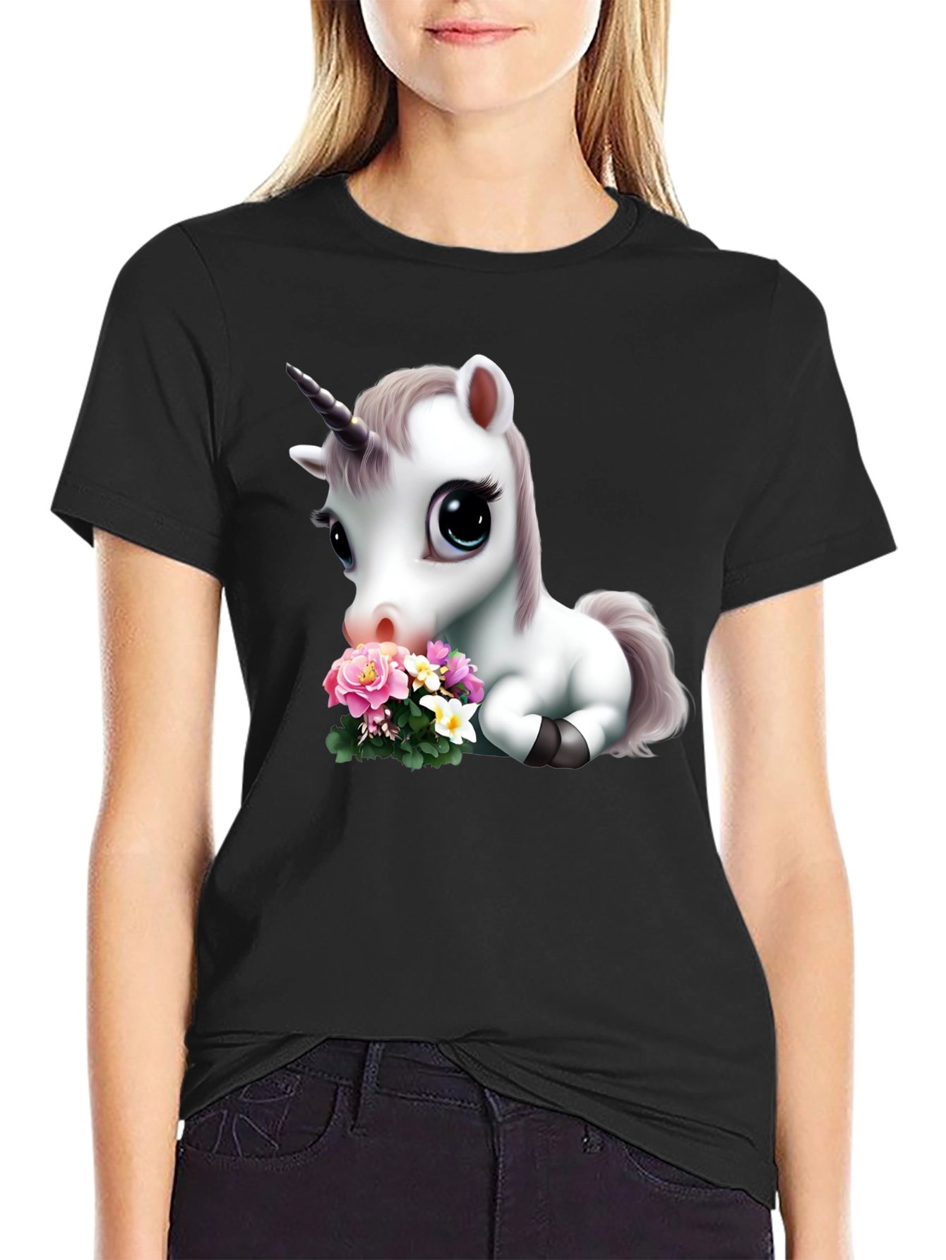 Black Cute Unicorn with Flowers Graphic T-Shirt view 2