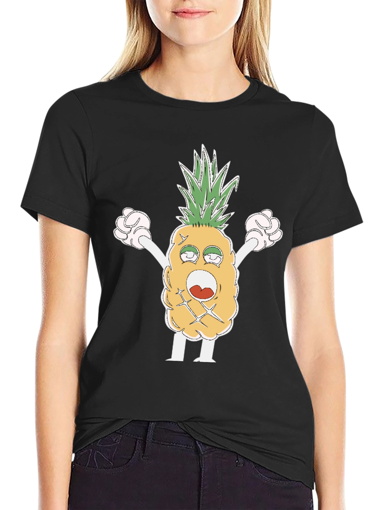 Black Funny Pineapple Cartoon T-Shirt - Black view 2