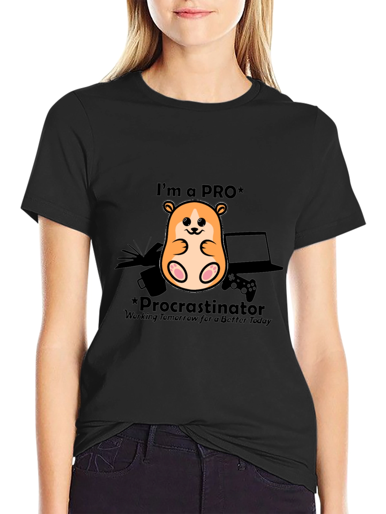 Black Procrastinator Gamer T-Shirt - Funny Hamster Design view 2
