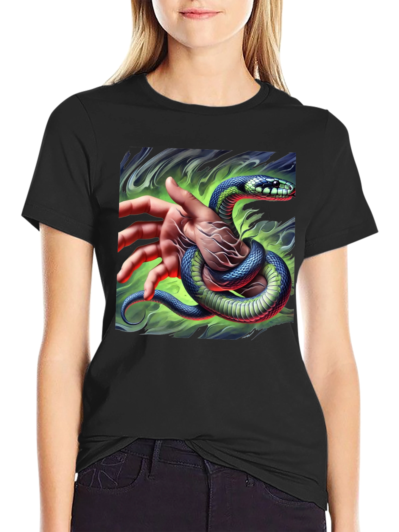 Black Mystic Snake Graphic Tee - Black Cotton T-Shirt view 2