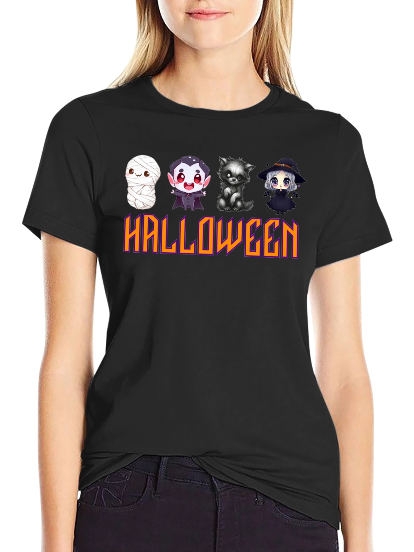 Black Halloween Cartoon Character T-Shirt view 2