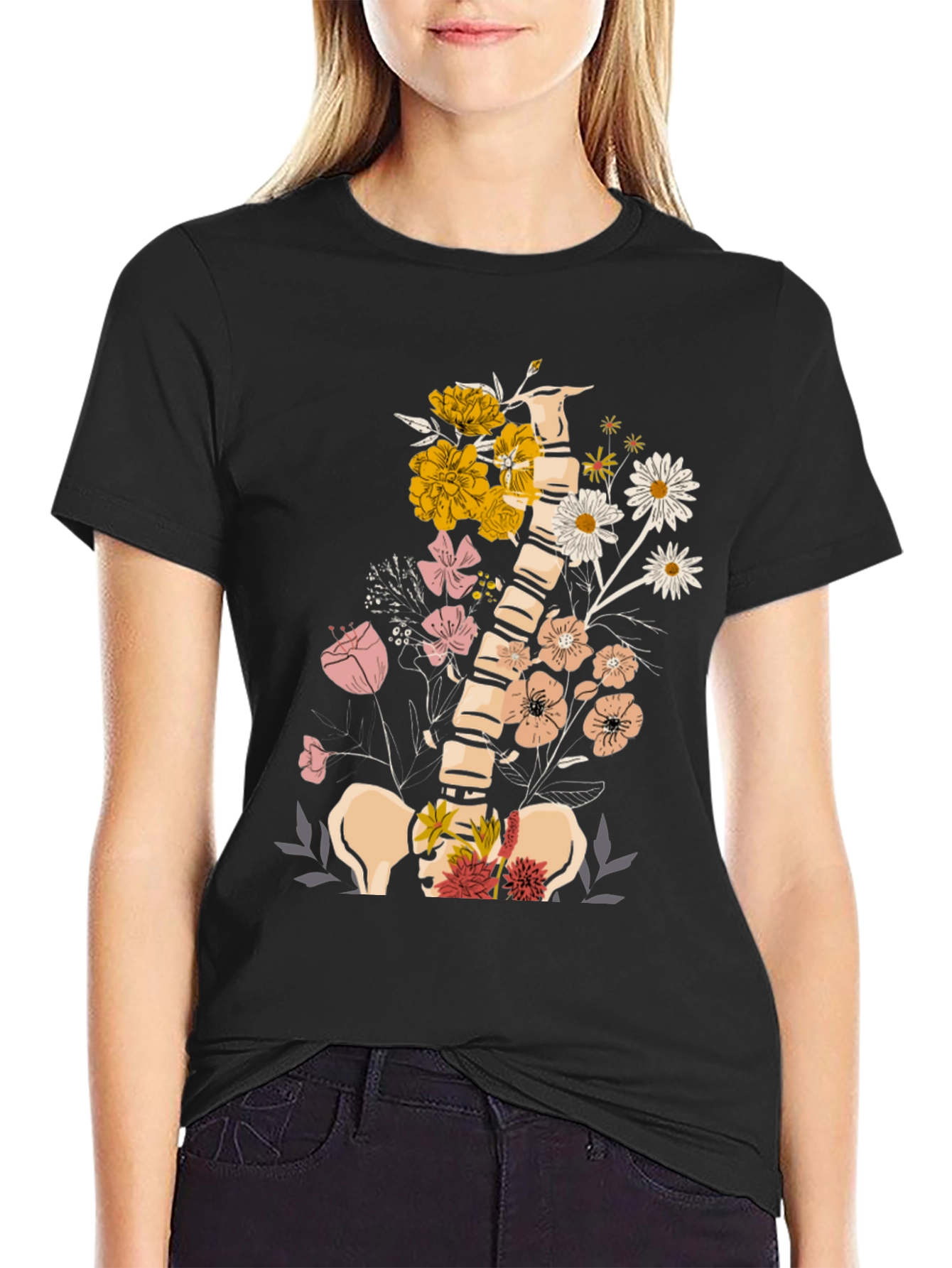 Black Floral Spine Anatomy T-Shirt view 2