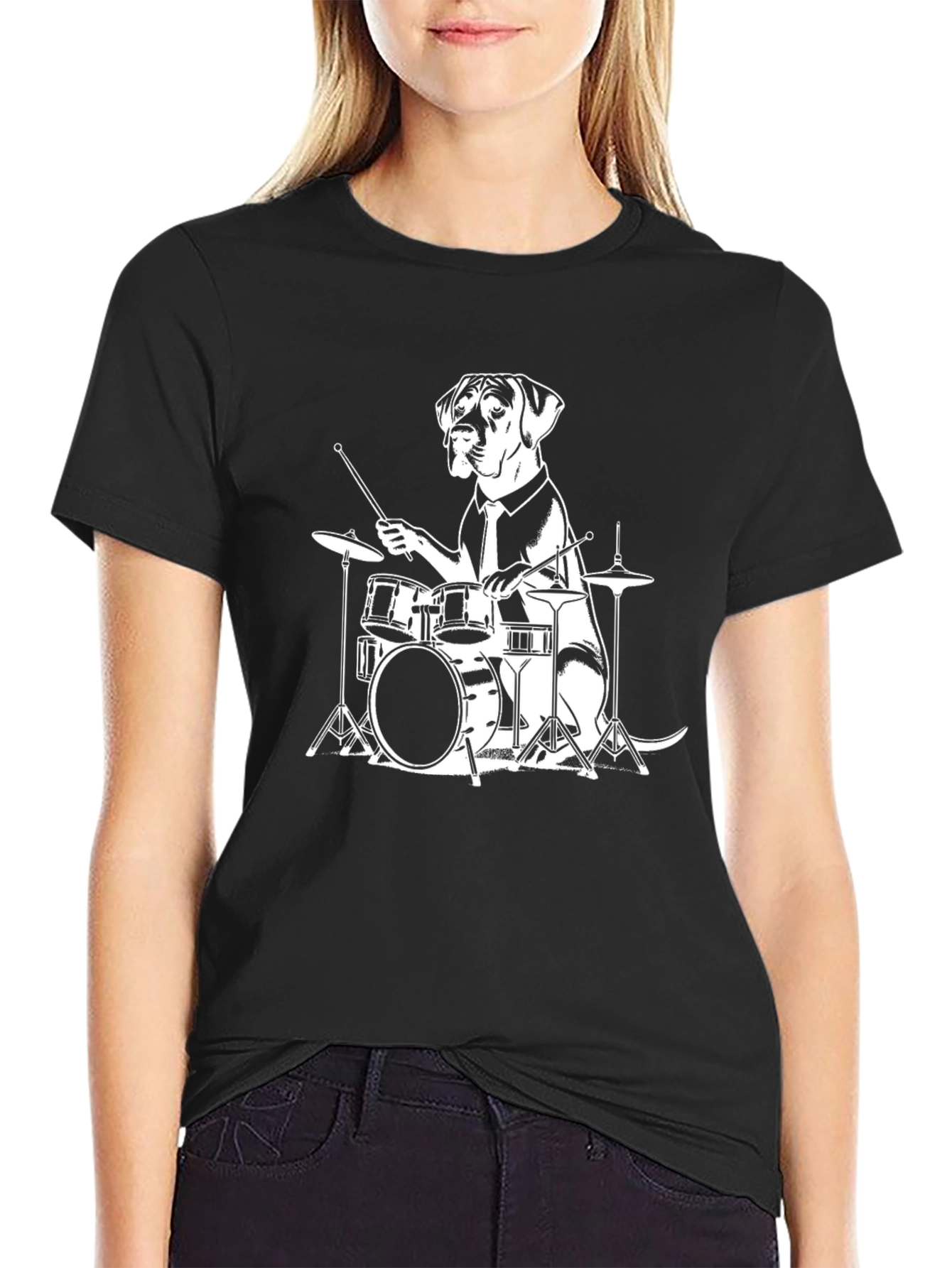 Black Dog Drummer Graphic Tee - Black Cotton T-Shirt view 2