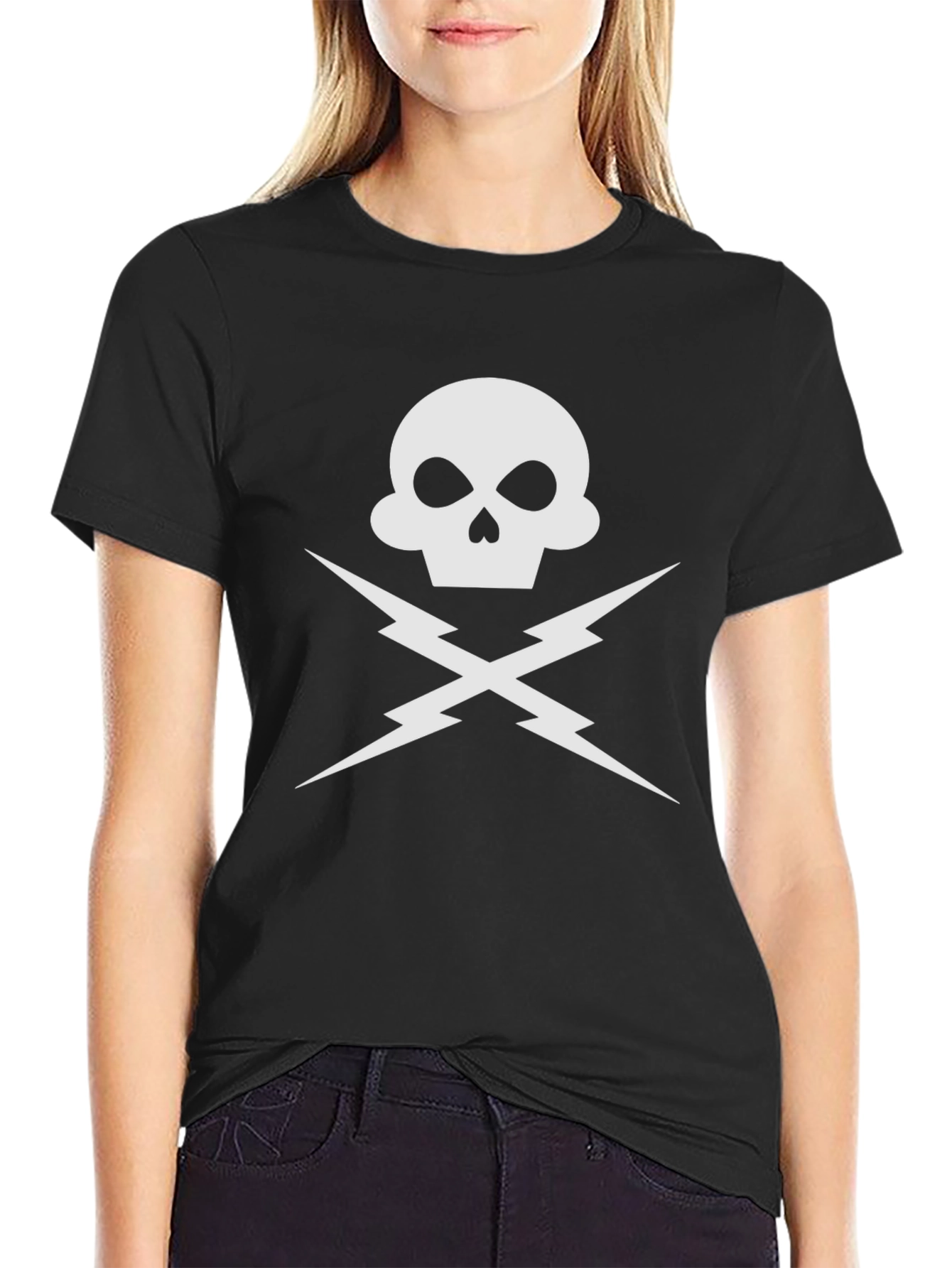 Black Skull & Lightning Bolt Graphic Tee - Bold Design view 2