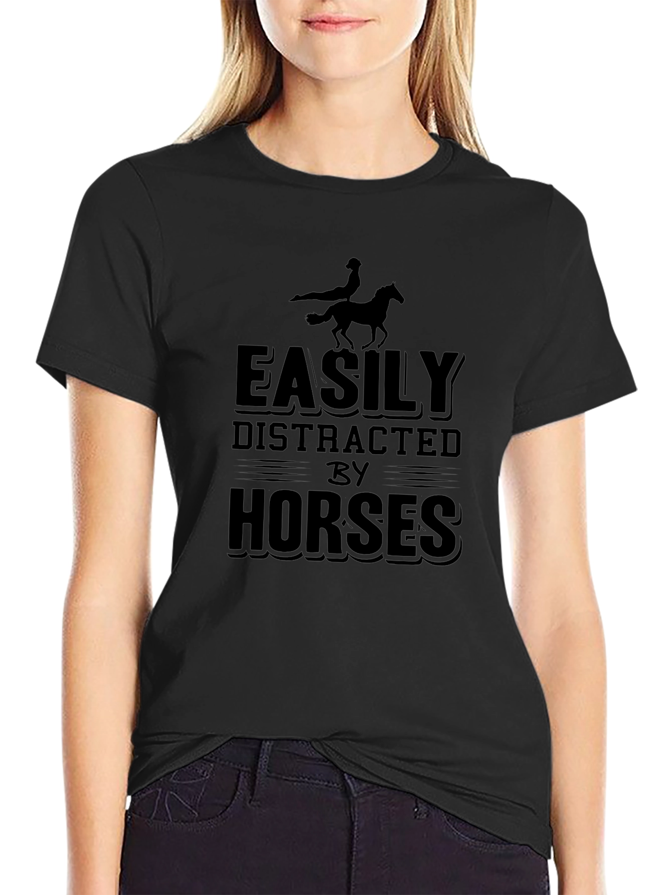 Black Easily Distracted by Horses Black T-Shirt view 2