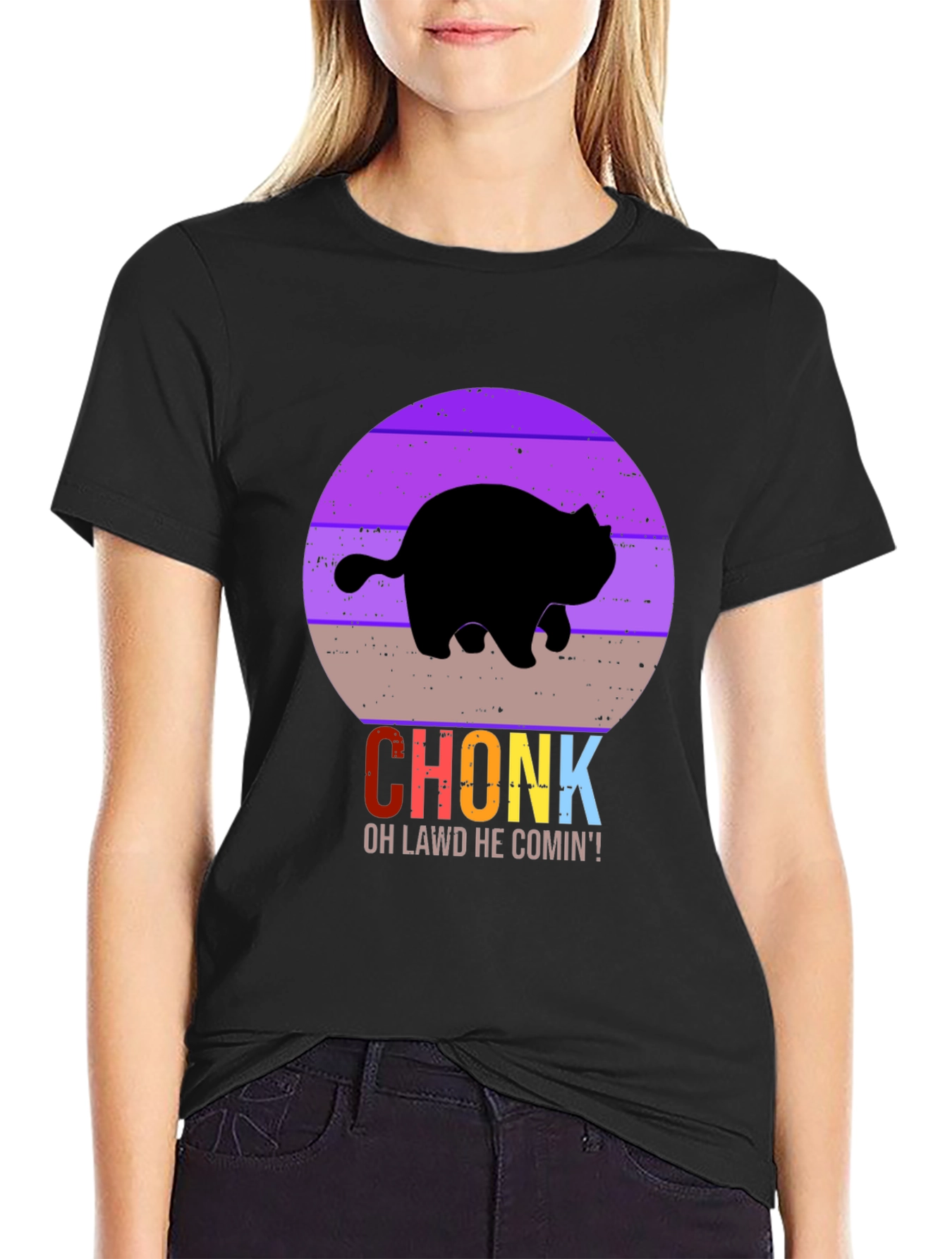 Black Chonk Cat T-Shirt - Oh Lawd He Comin'! view 2