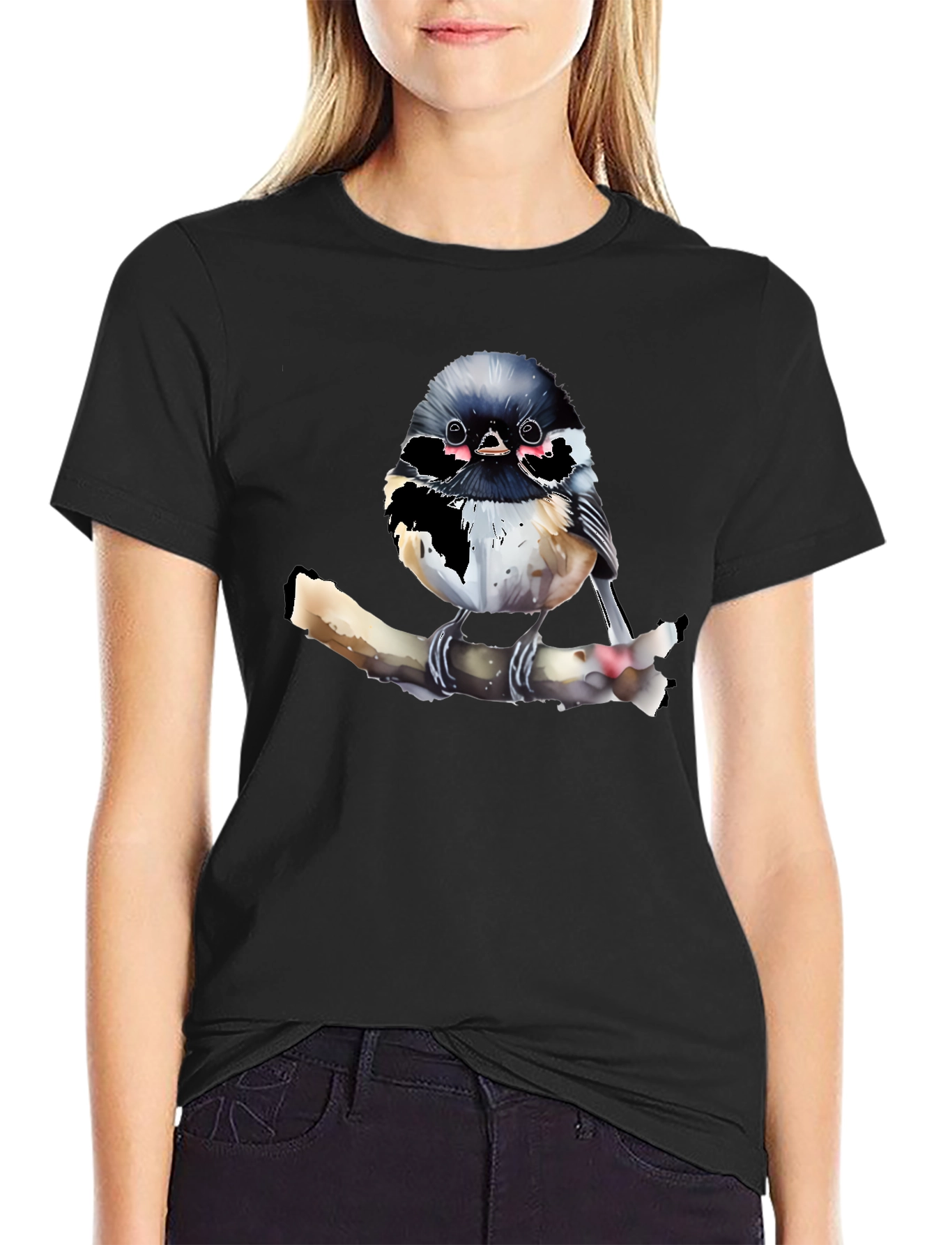 Black Chickadee Bird Graphic T-Shirt view 2