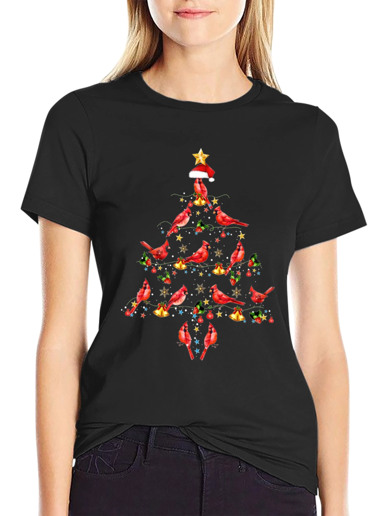 Black Cardinal Christmas Tree Graphic Tee view 2