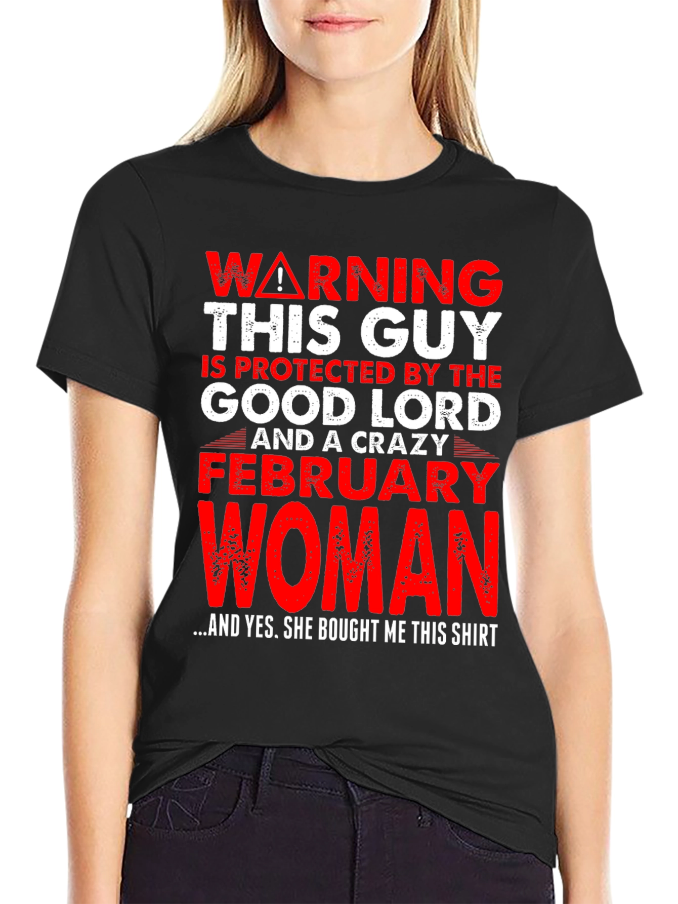 Black Warning Protected By Crazy February Woman T-Shirt view 2