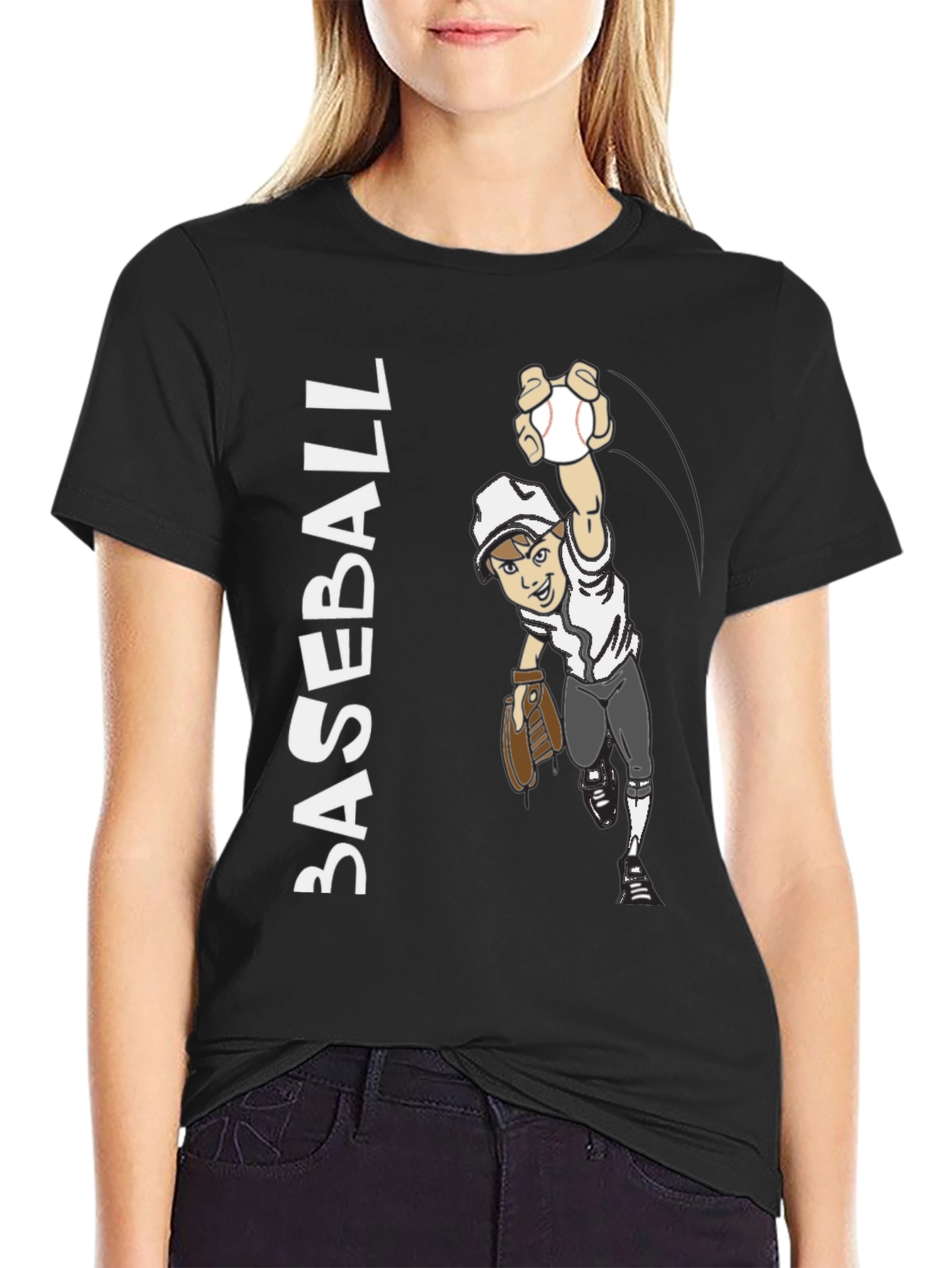 Black Cartoon Baseball Player Graphic Tee - Black Cotton Blend view 2